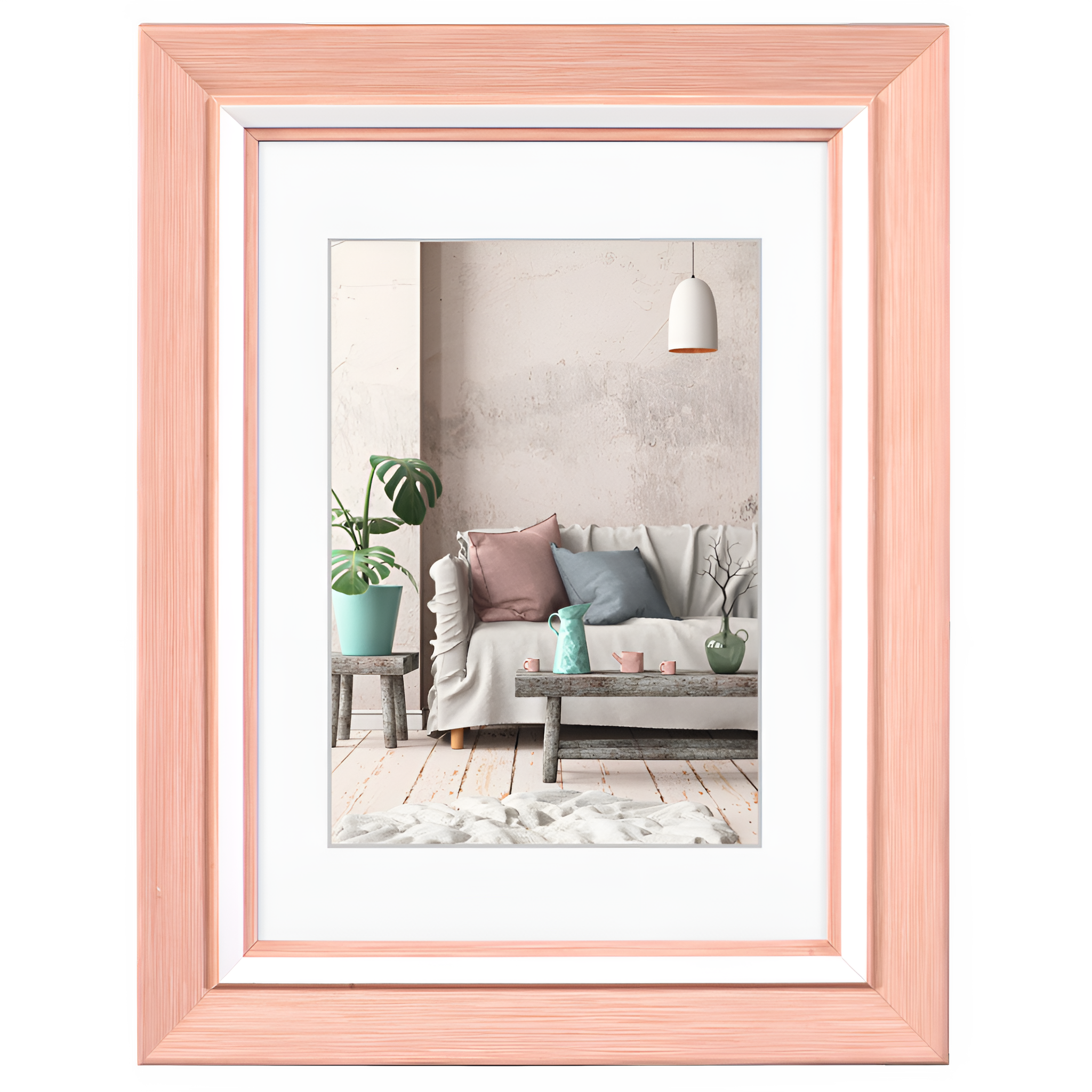 A pink Hama photo frame featuring a beautifully arranged living room, highlighting comfort and elegance in design.