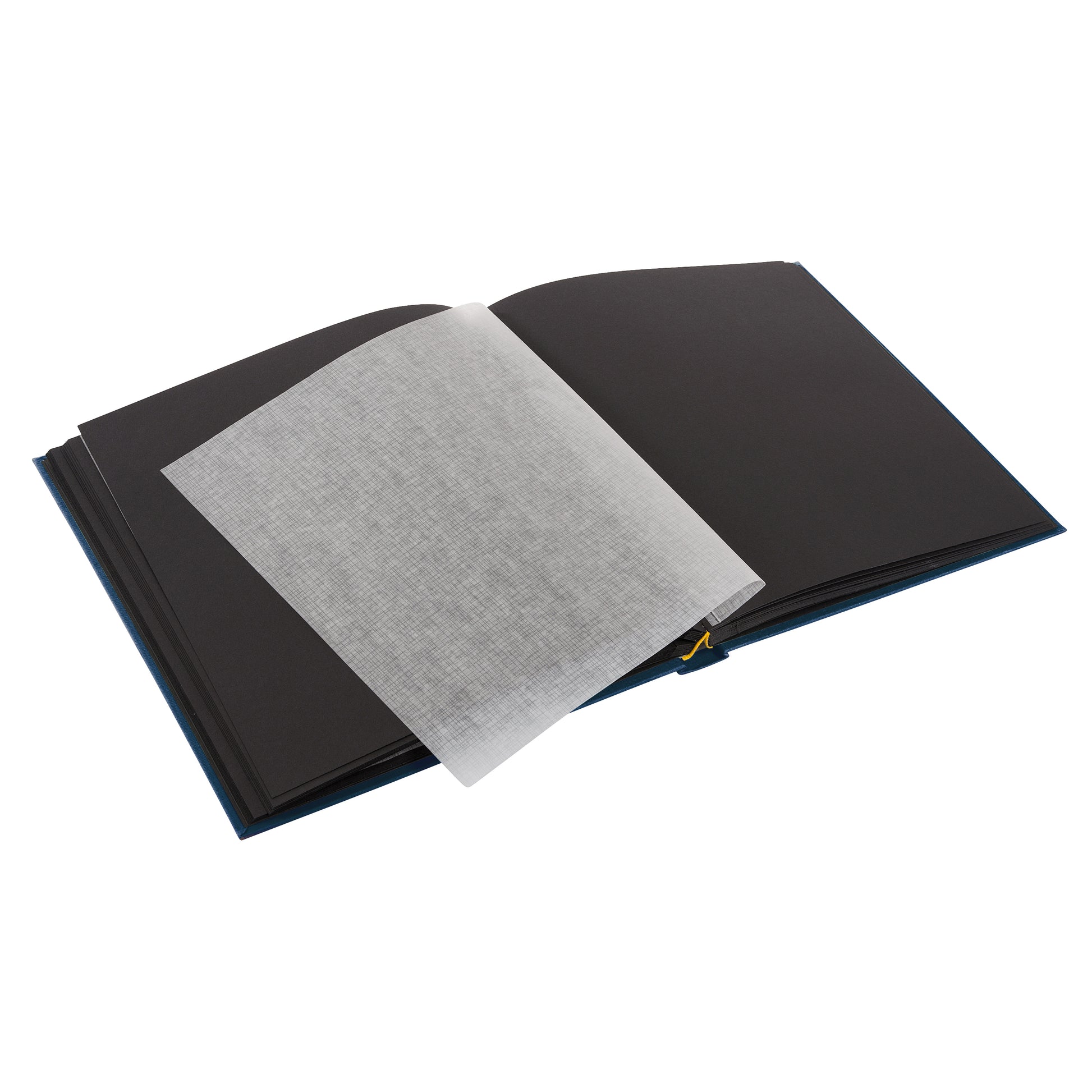 A Goldbuch blue photo album with a cover illustration of a woman cycling, showcasing its hardcover design and black pages.