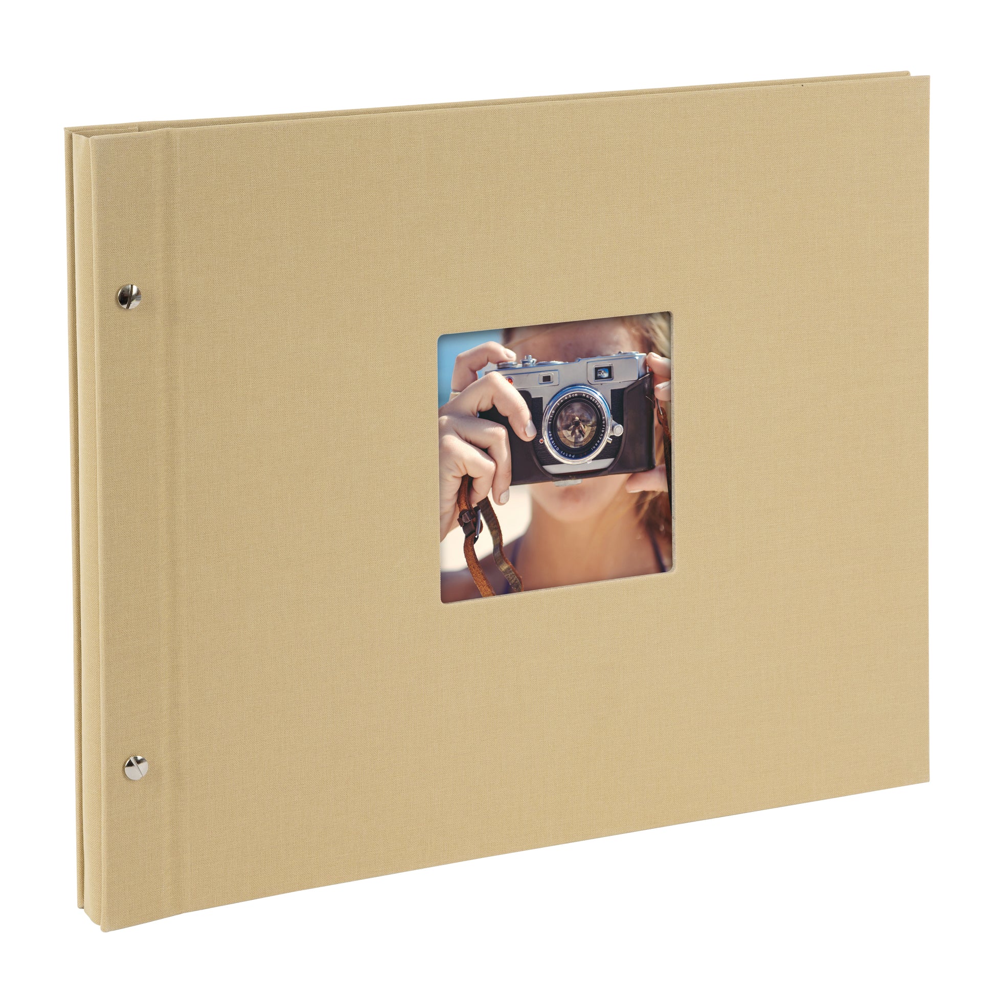A Goldbuch beige photo album with a cover illustration of a woman taking photos, showcasing its hardcover design and black pages.