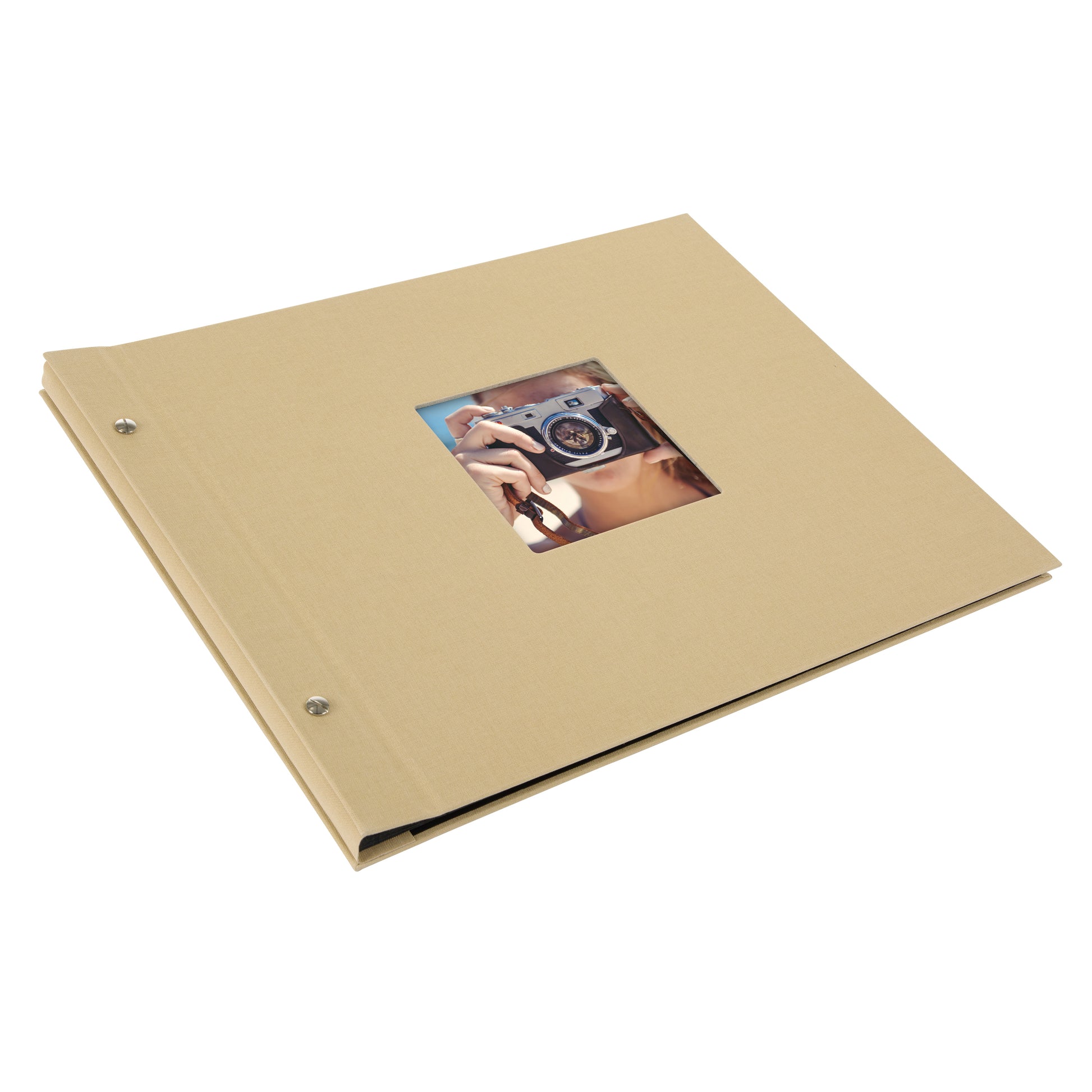 A Goldbuch beige photo album with a cover illustration of a woman taking photos, showcasing its hardcover design and black pages.