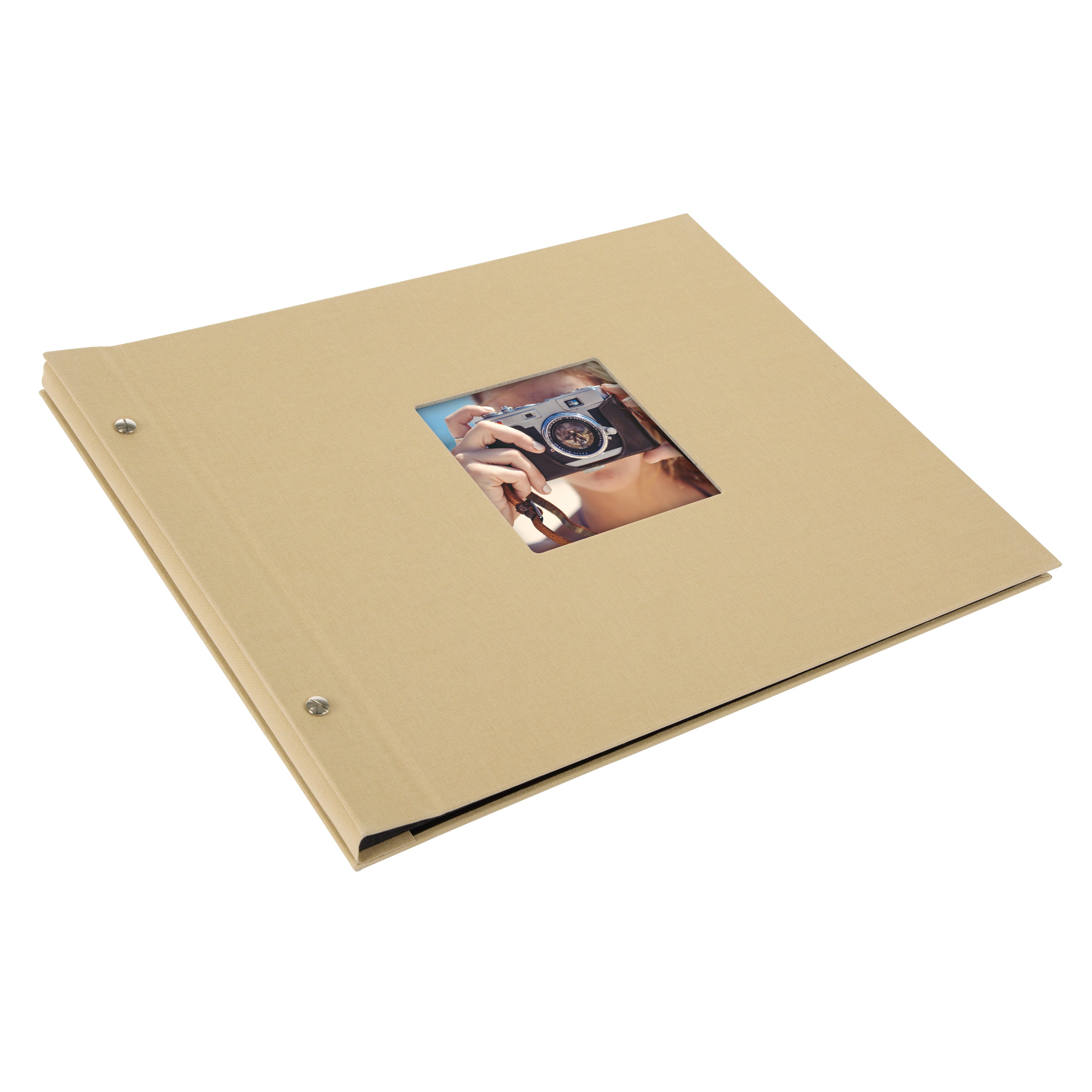 A Goldbuch beige photo album with a cover illustration of a woman taking photos, showcasing its hardcover design and black pages.