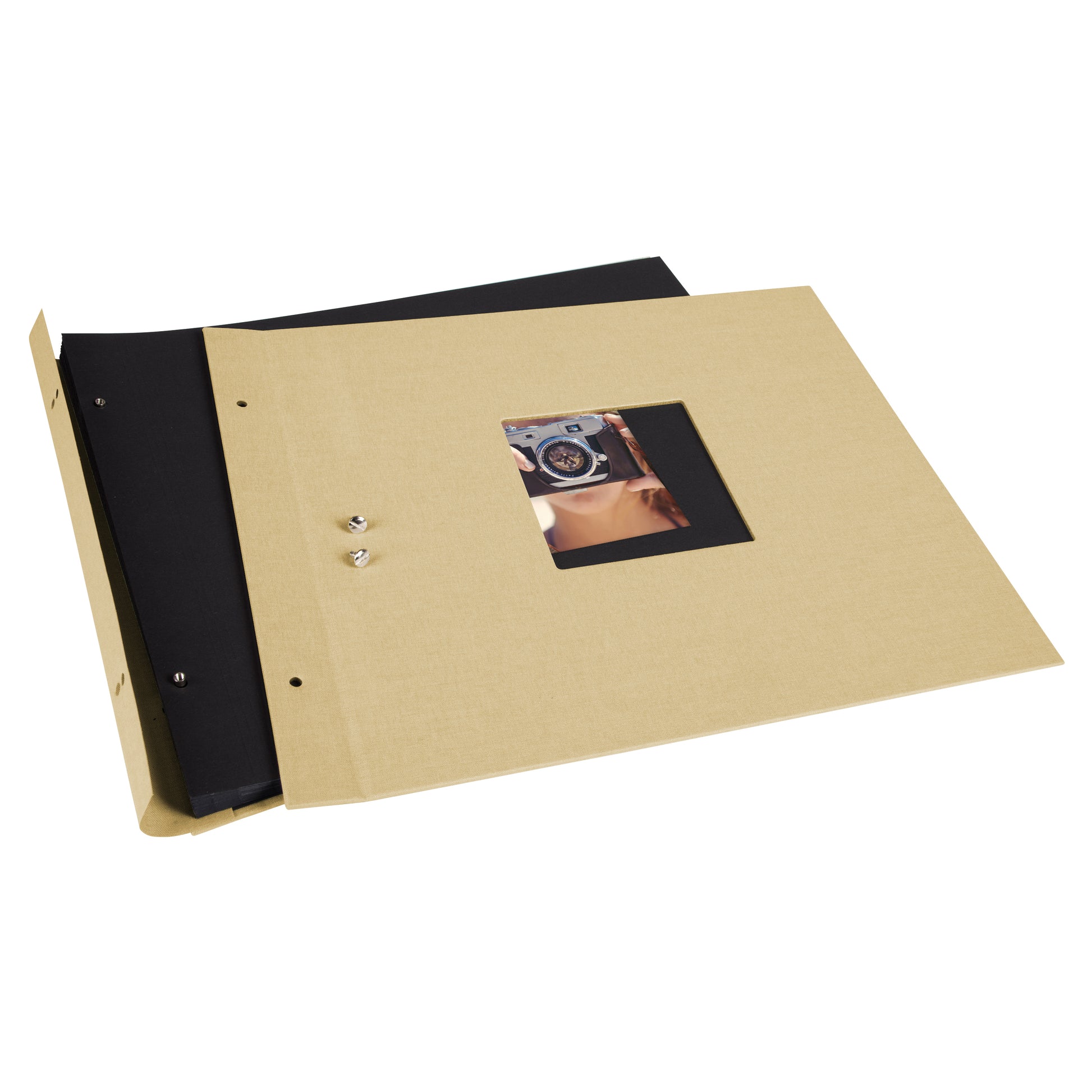 A Goldbuch beige photo album with a cover illustration of a woman taking photos, showcasing its hardcover design and black pages.