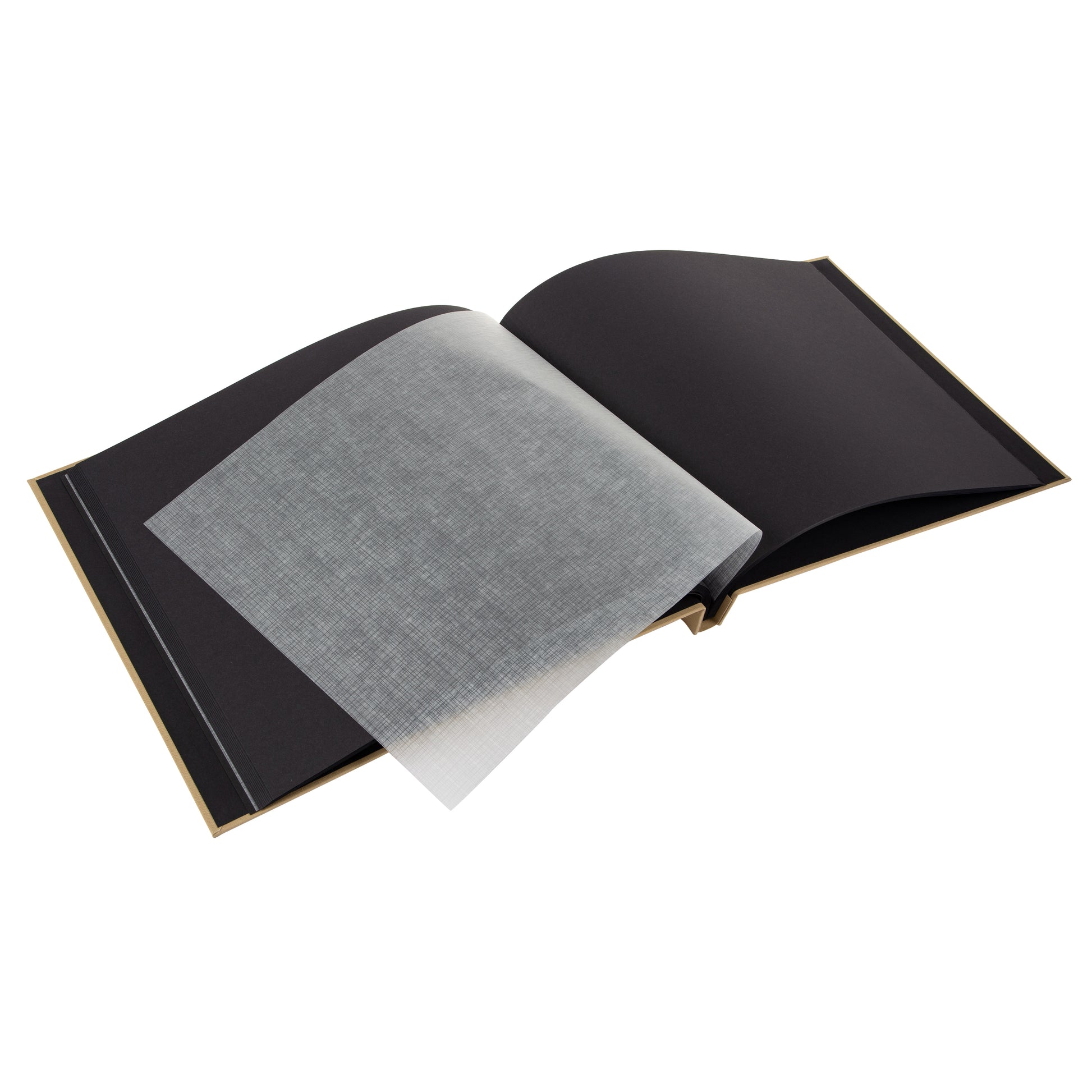 A Goldbuch beige photo album with a cover illustration of a woman taking photos, showcasing its hardcover design and black pages.