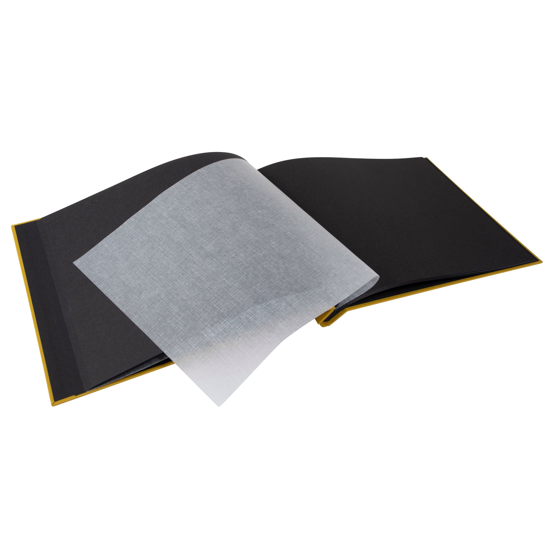 A Goldbuch mustard photo album with a cover illustration of a woman taking photos, showcasing its hardcover design and black pages.