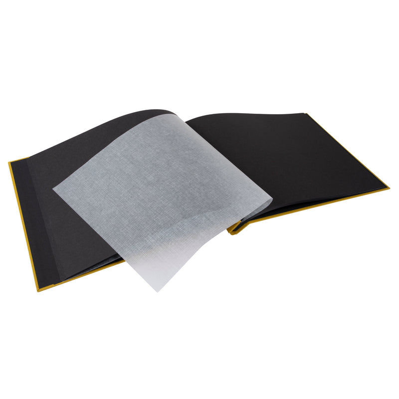 A Goldbuch mustard photo album with a cover illustration of a woman taking photos, showcasing its hardcover design and black pages.