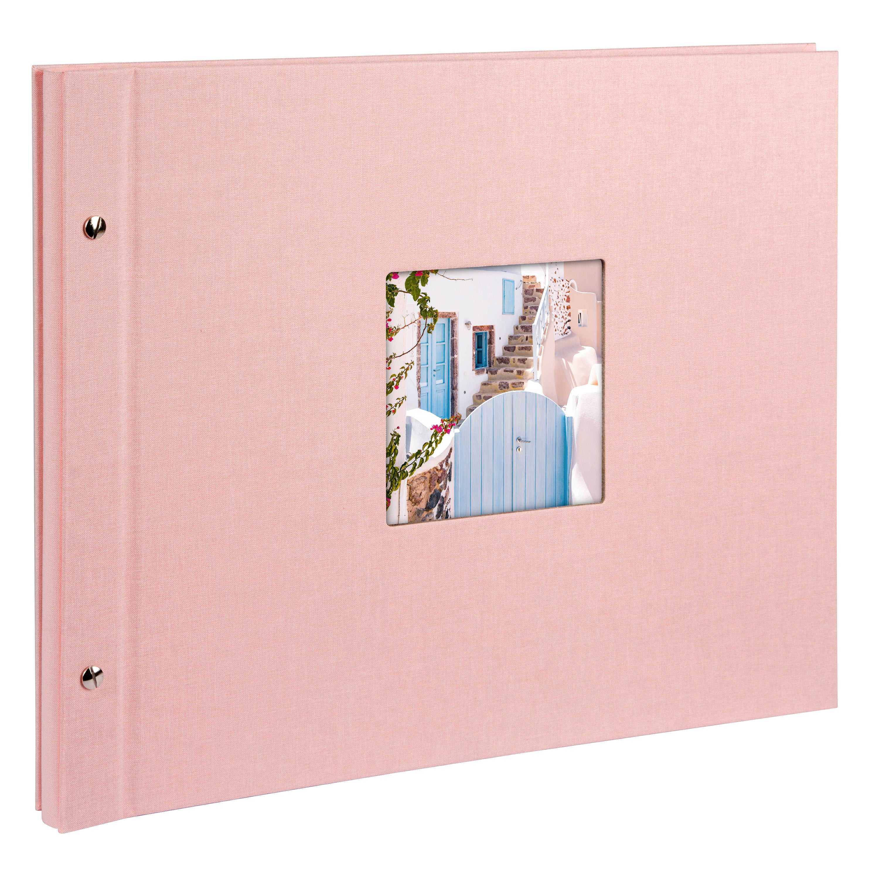 A Goldbuch rose photo album with a cover illustration of a blue wooden gate, showcasing its hardcover design and black pages.