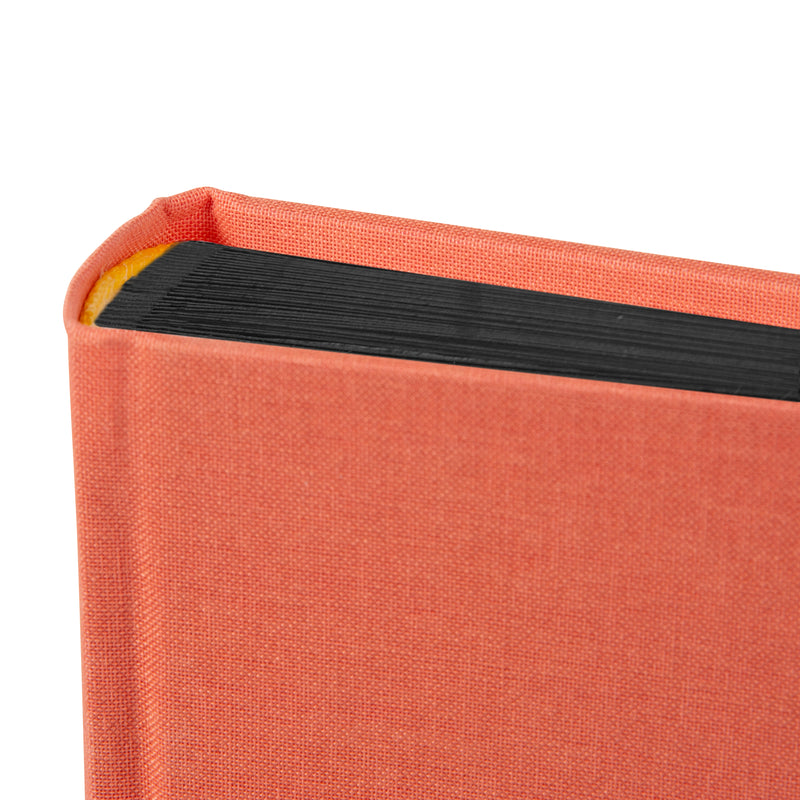 A Goldbuch salmon coloured photo album with a cover illustration of a woman on a pier showcasing its hardcover design and black pages.
