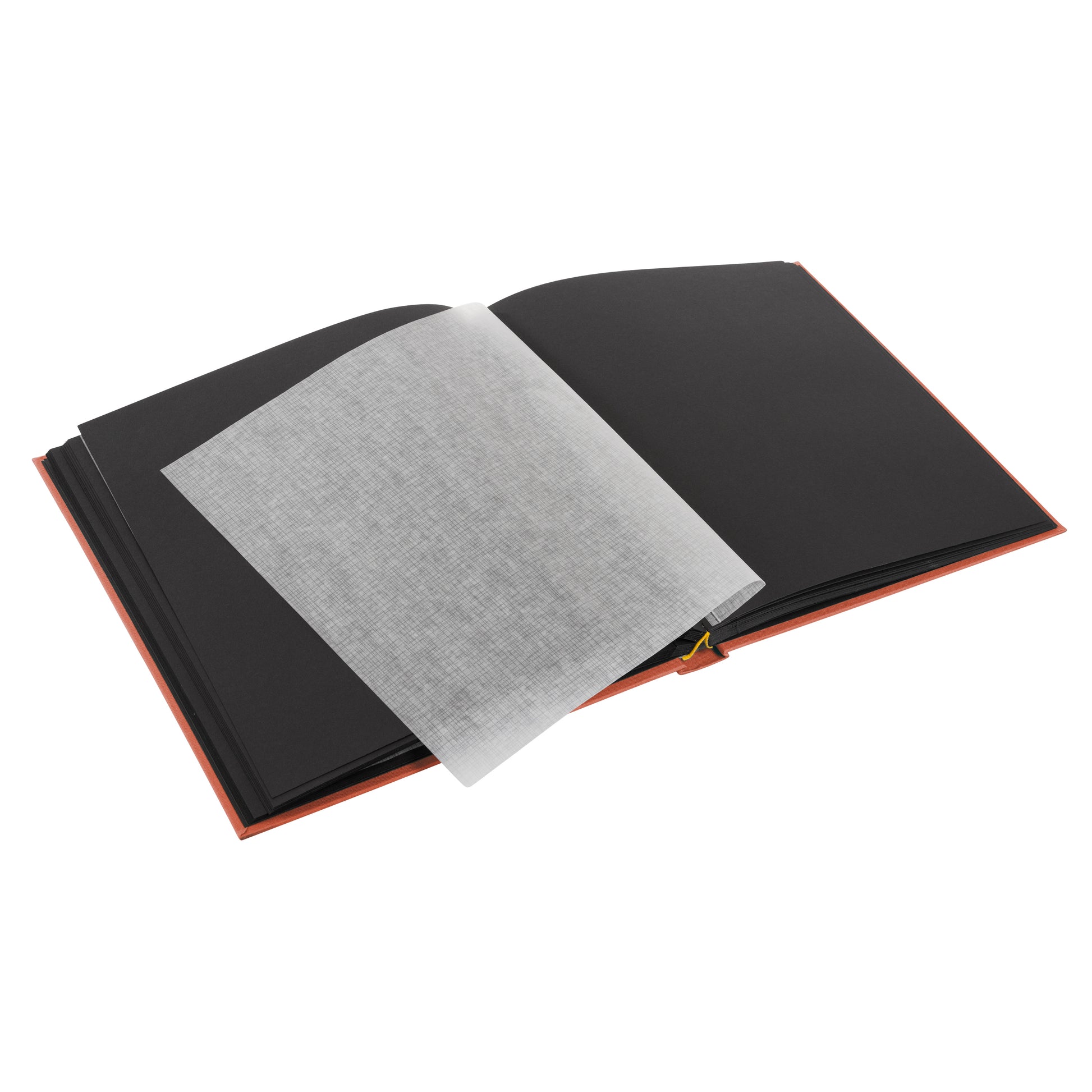 A Goldbuch salmon coloured photo album with a cover illustration of a woman on a pier showcasing its hardcover design and black pages.