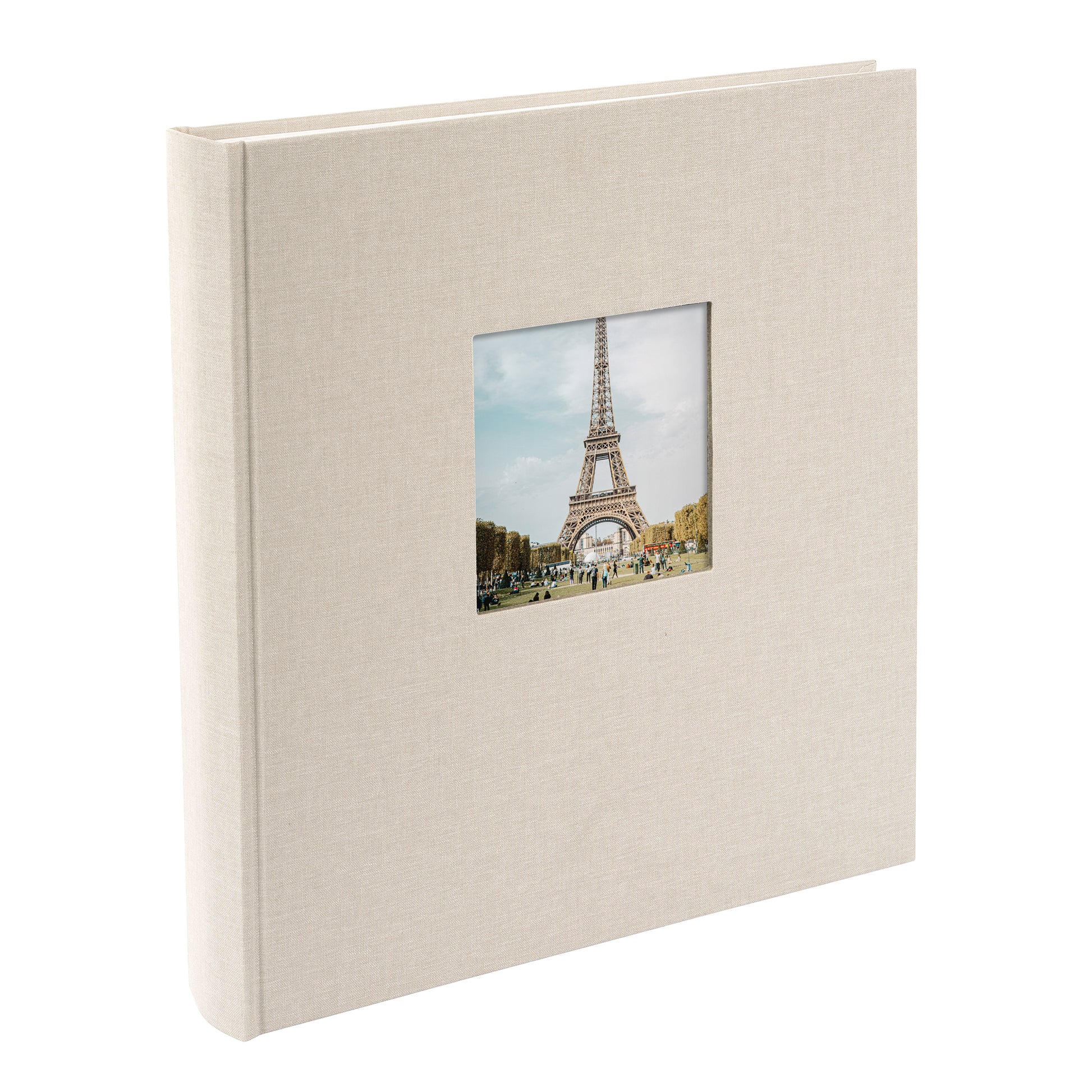 A Goldbuch sandgrey photo album with a cover illustration of the Eiffel tower, showcasing its hardcover design and white pages.