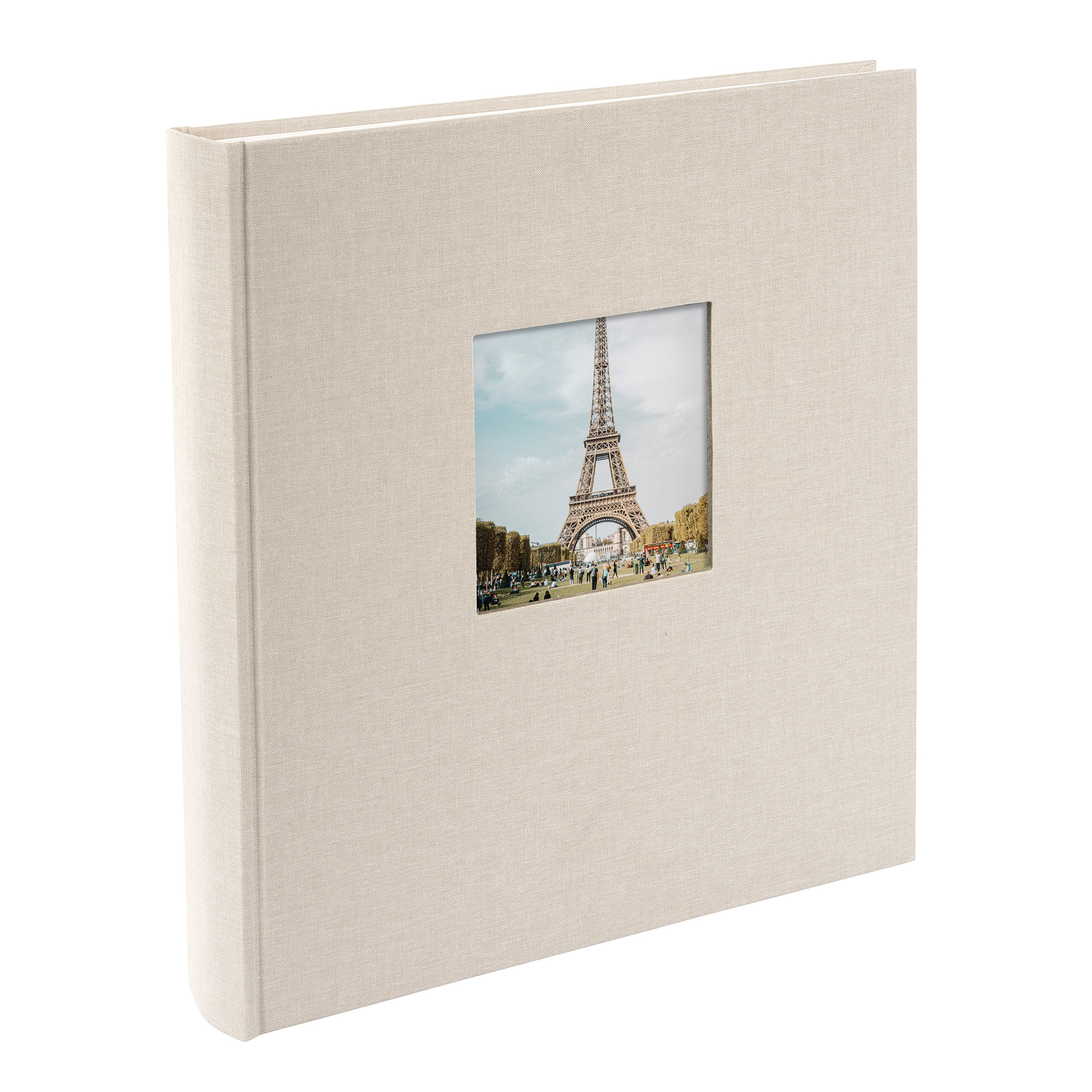A Goldbuch sandgrey photo album with a cover illustration of the Eiffel tower, showcasing its hardcover design and white pages.