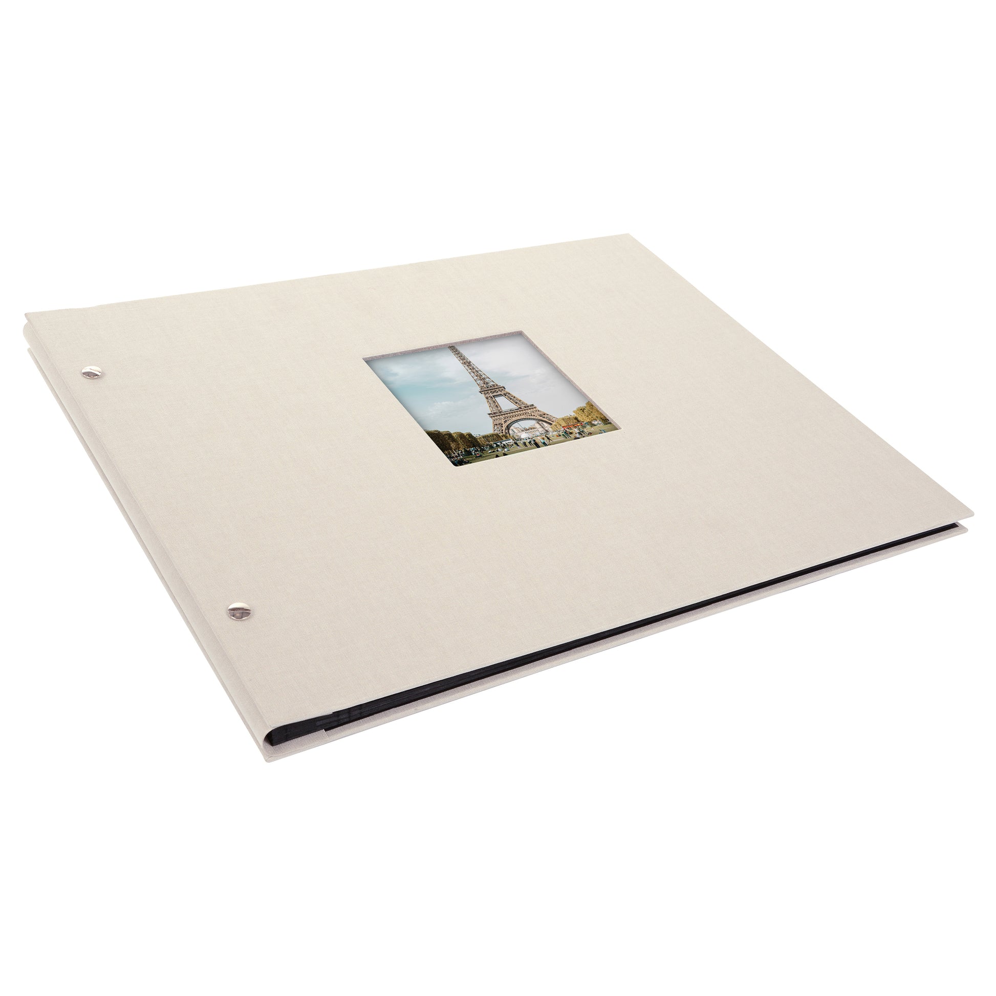A Goldbuch sandgrey photo album with a cover illustration of the Eiffel tower, showcasing its hardcover design and black pages.