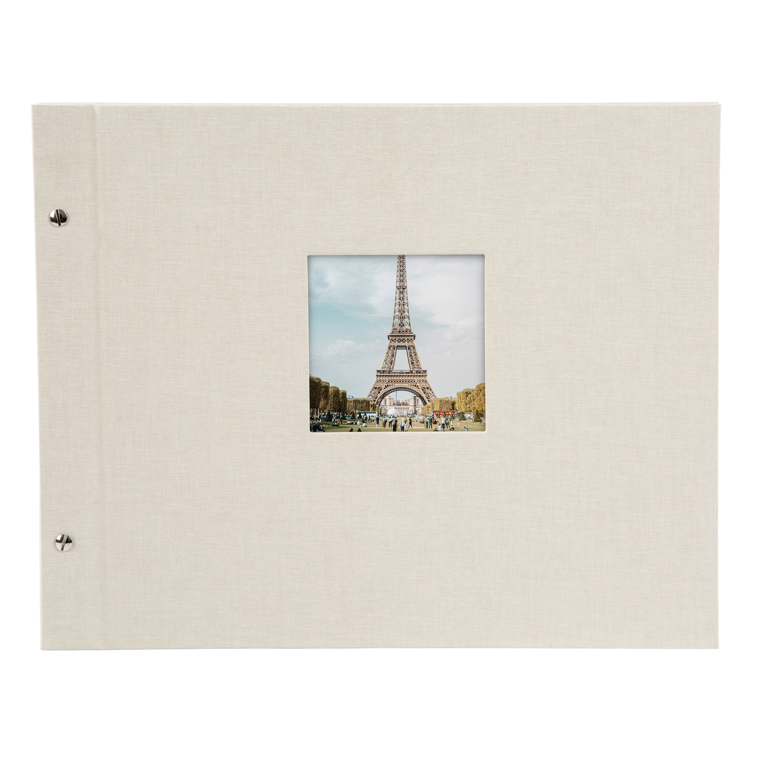 A Goldbuch sandgrey photo album with a cover illustration of the Eiffel tower, showcasing its hardcover design and black pages.