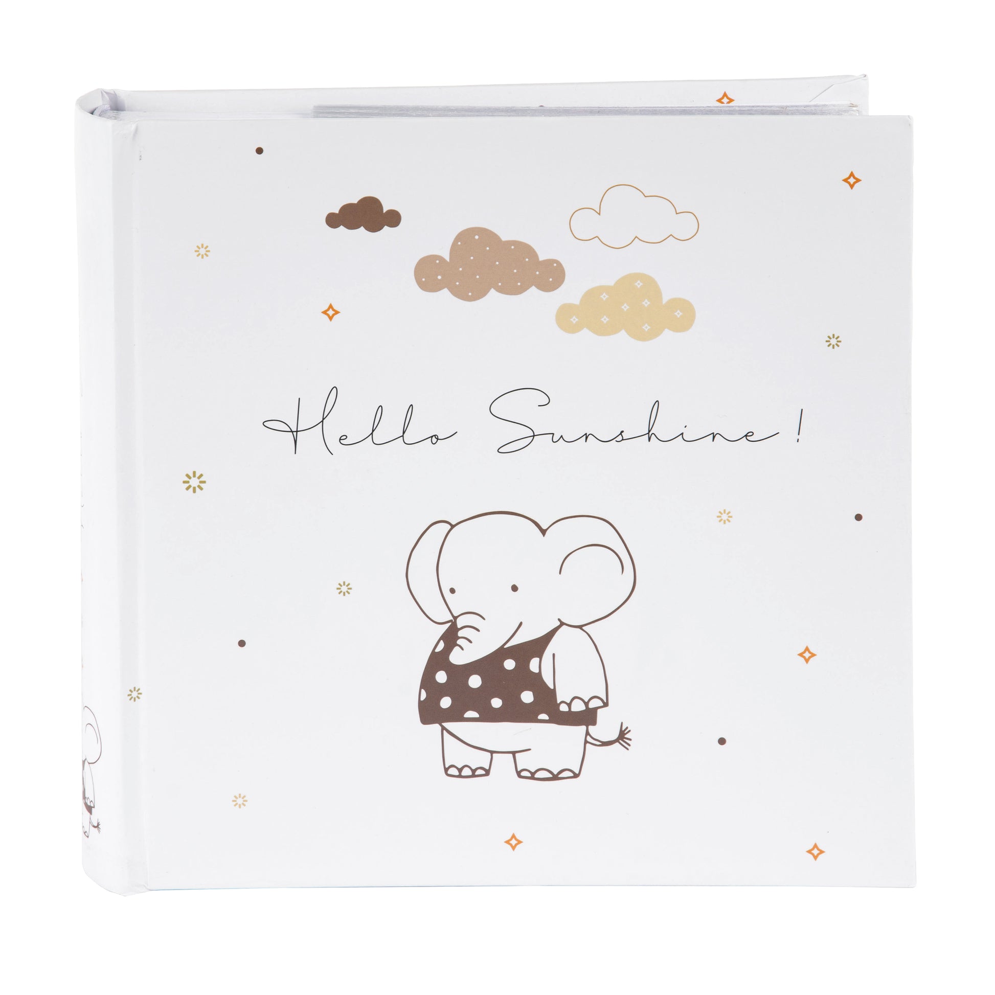 A Goldbuch photo album displaying two baby book covers, one with a bear and the other with an elephant.