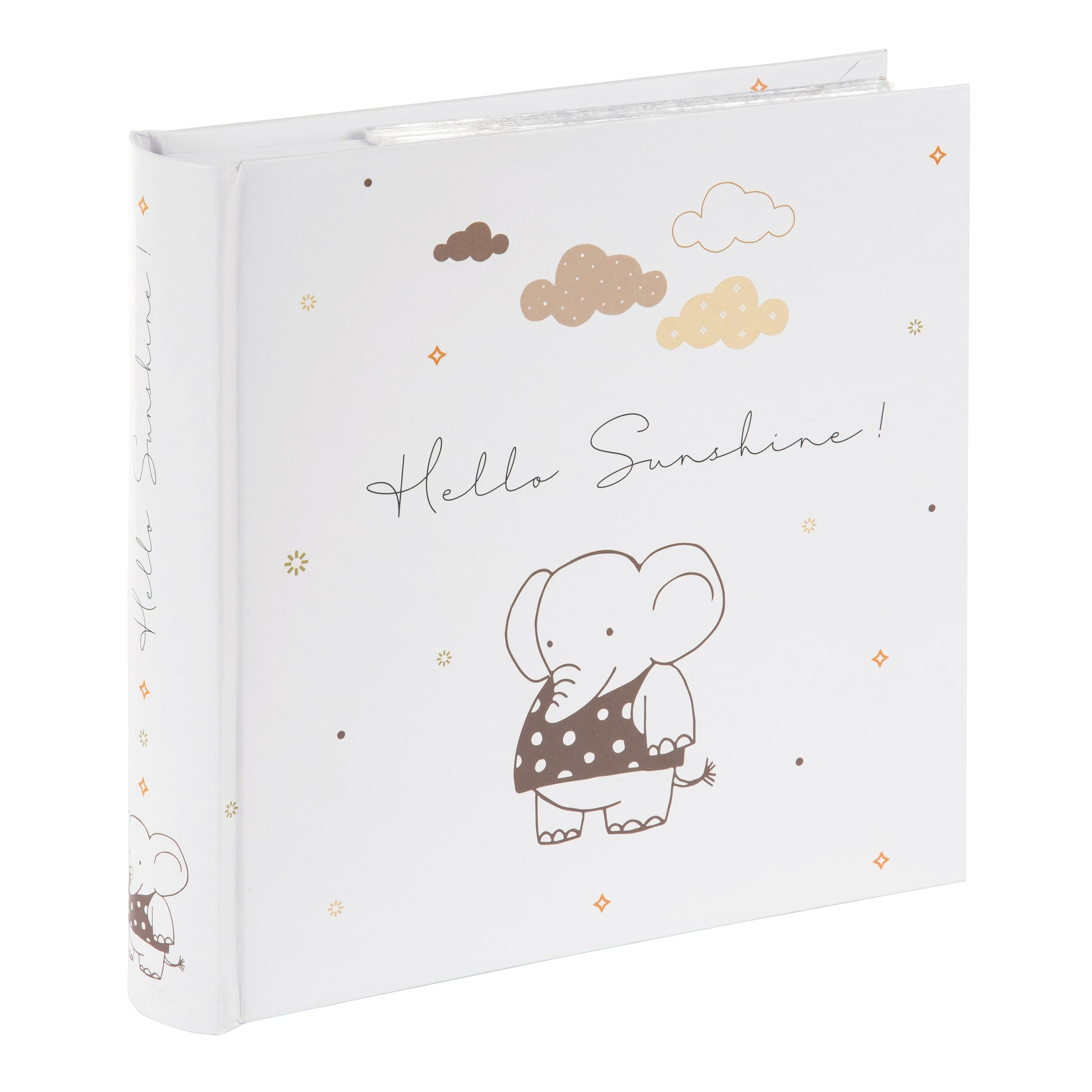 A Goldbuch photo album displaying two baby book covers, one with a bear and the other with an elephant.