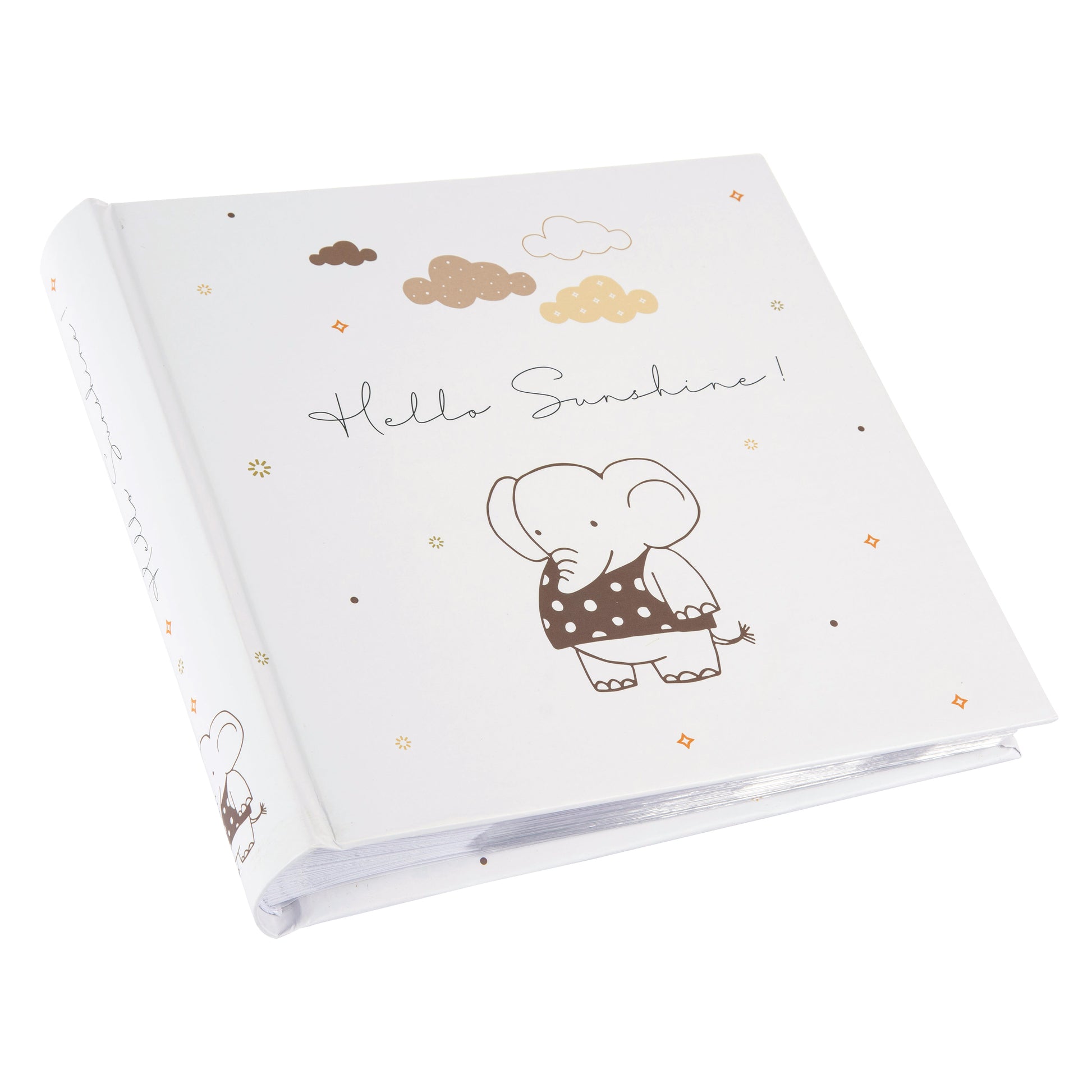 A Goldbuch photo album displaying two baby book covers, one with a bear and the other with an elephant.