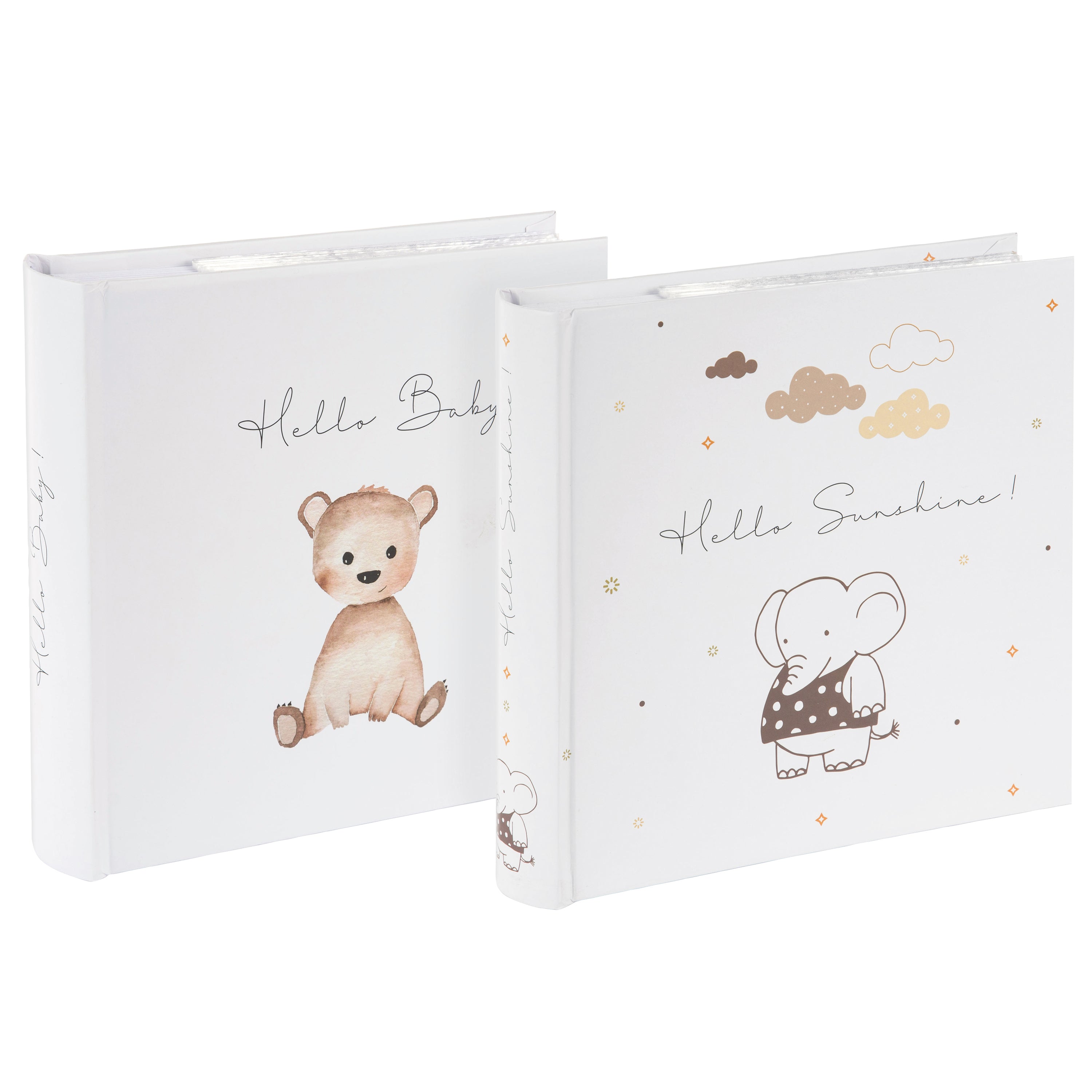 A Goldbuch photo album displaying two baby book covers, one with a bear and the other with an elephant.