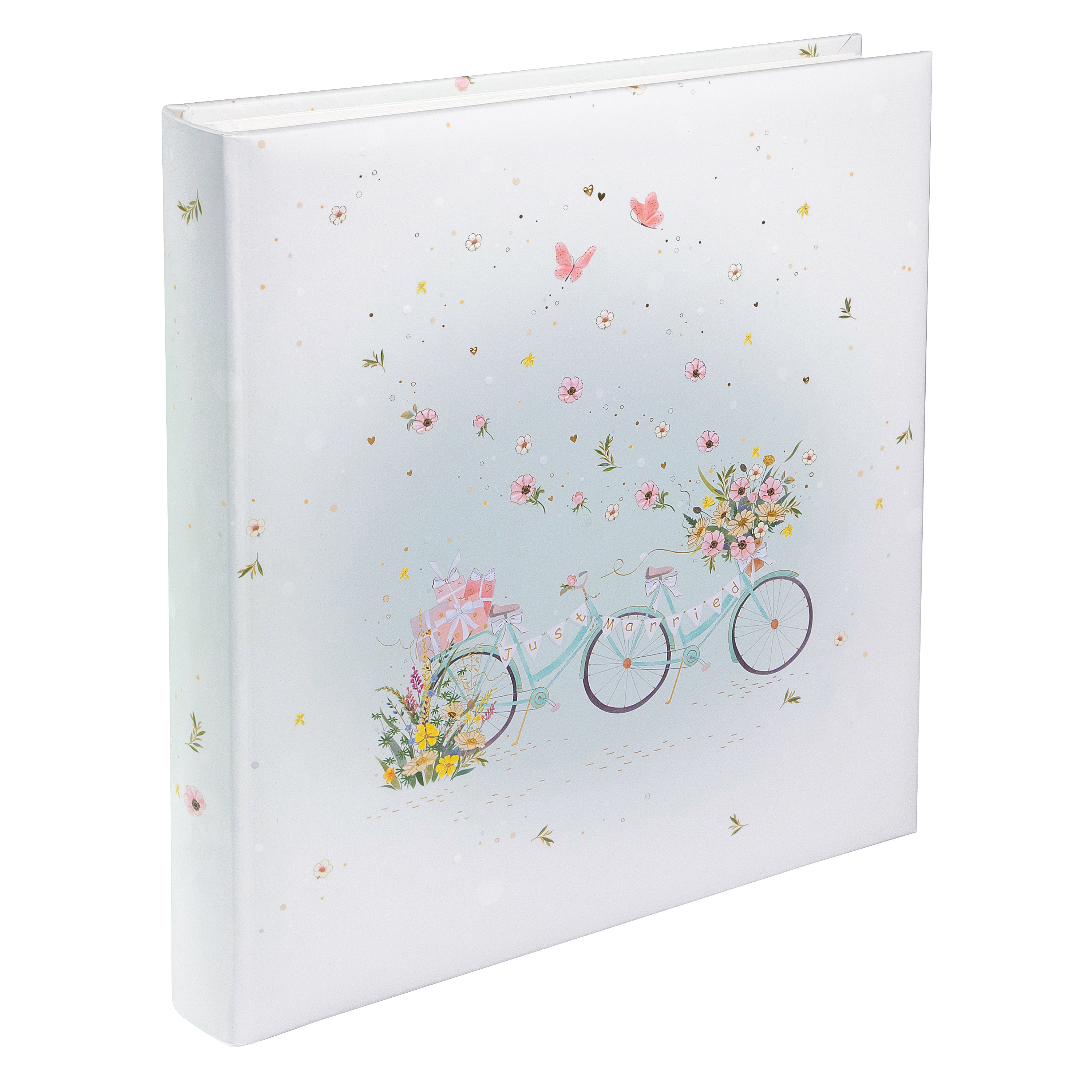 A white Goldbuch photo album adorned with a picture of two bicycles alongside vibrant flowers.