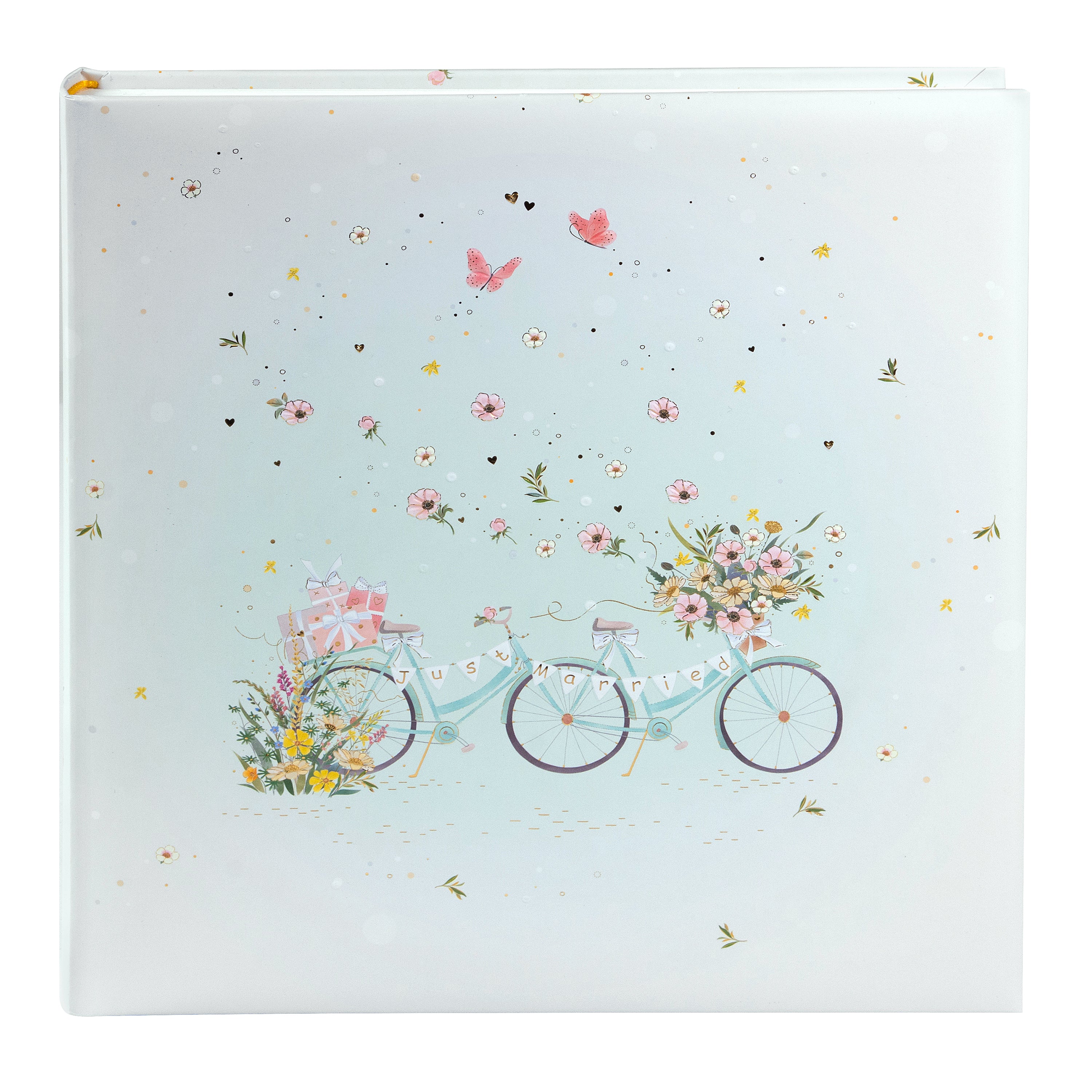 A white Goldbuch photo album adorned with a picture of two bicycles alongside vibrant flowers.