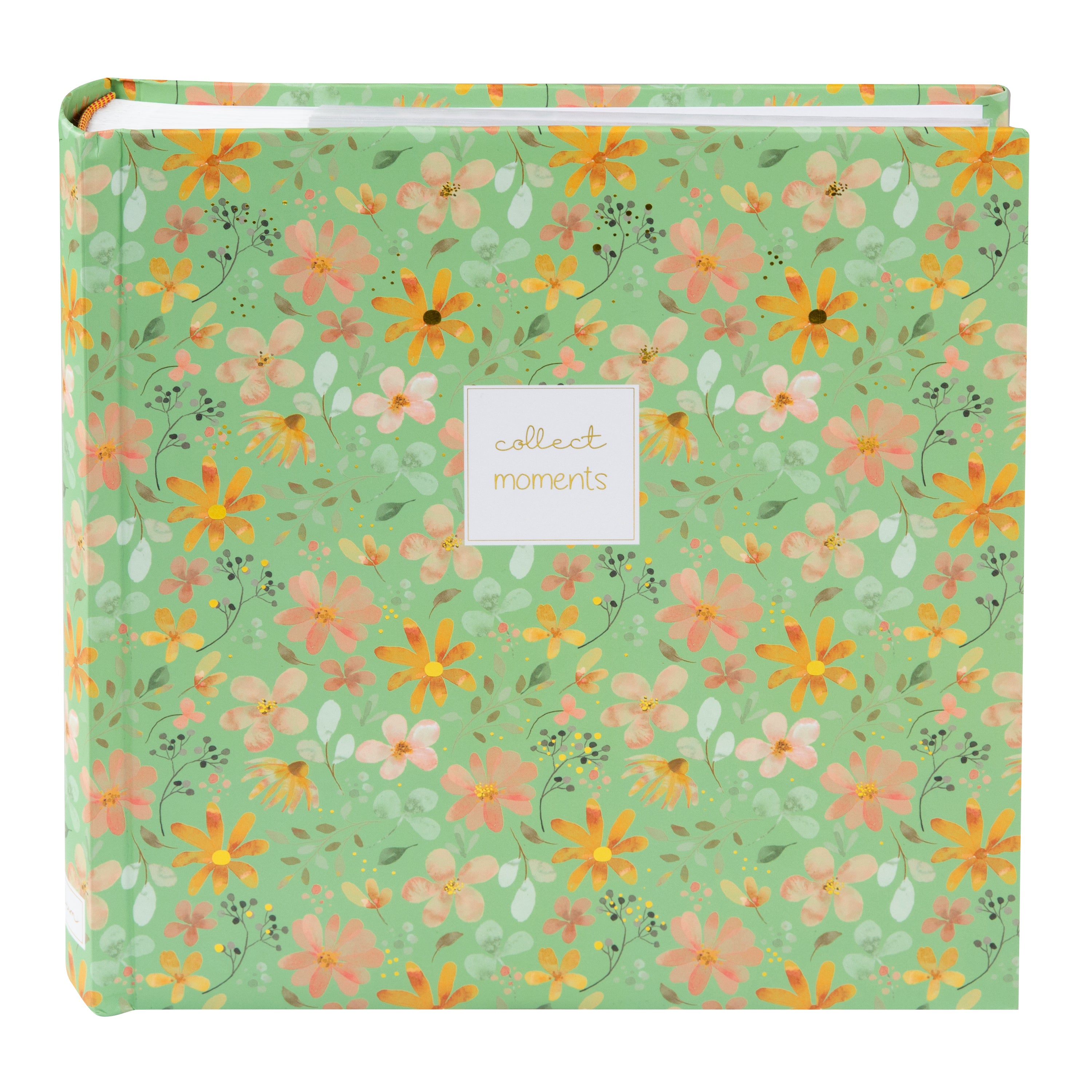 Goldbuch floral photo albums in pink and green, featuring a white label, arranged on a surface, resembling a photo album.