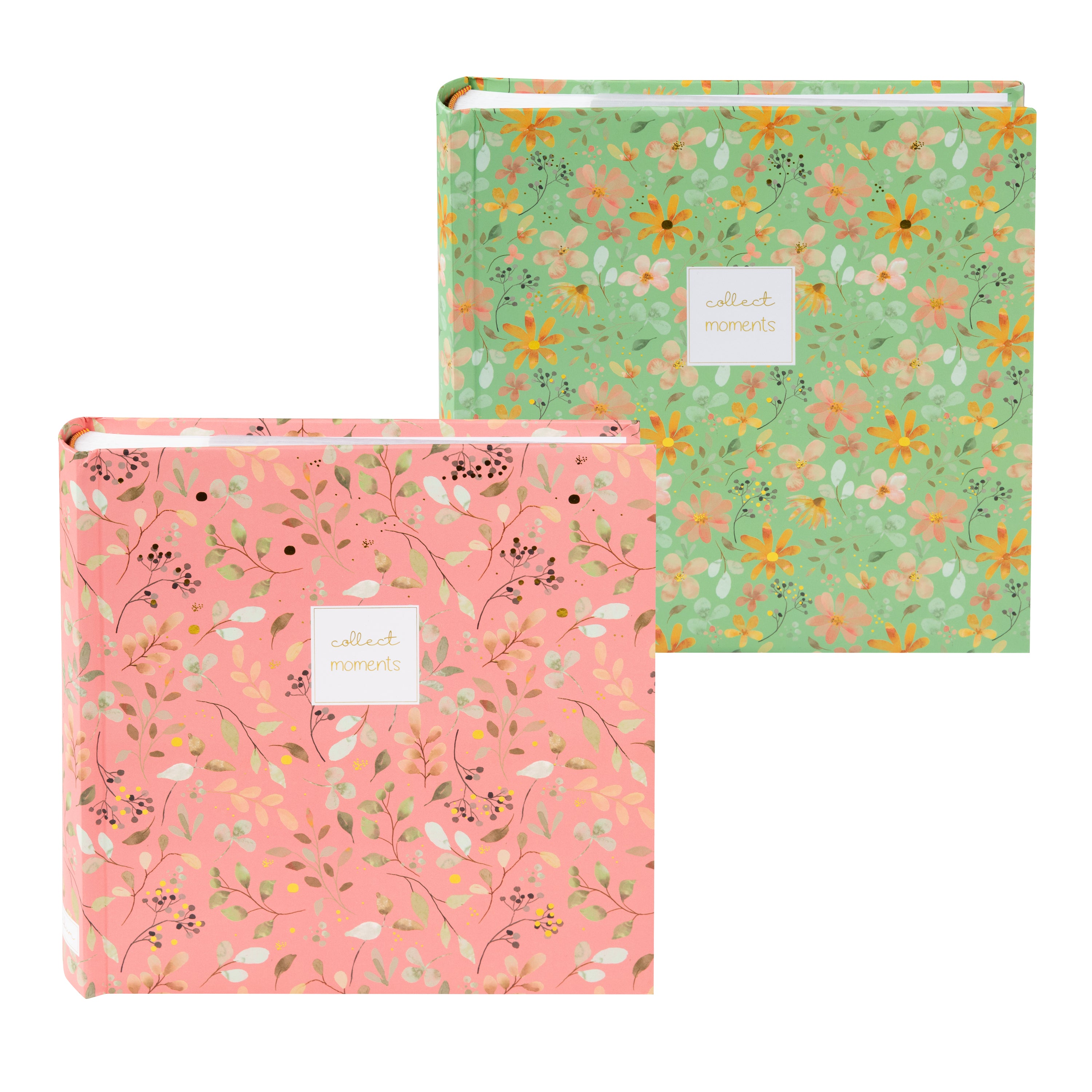Goldbuch floral photo albums in pink and green, featuring a white label, arranged on a surface, resembling a photo album.