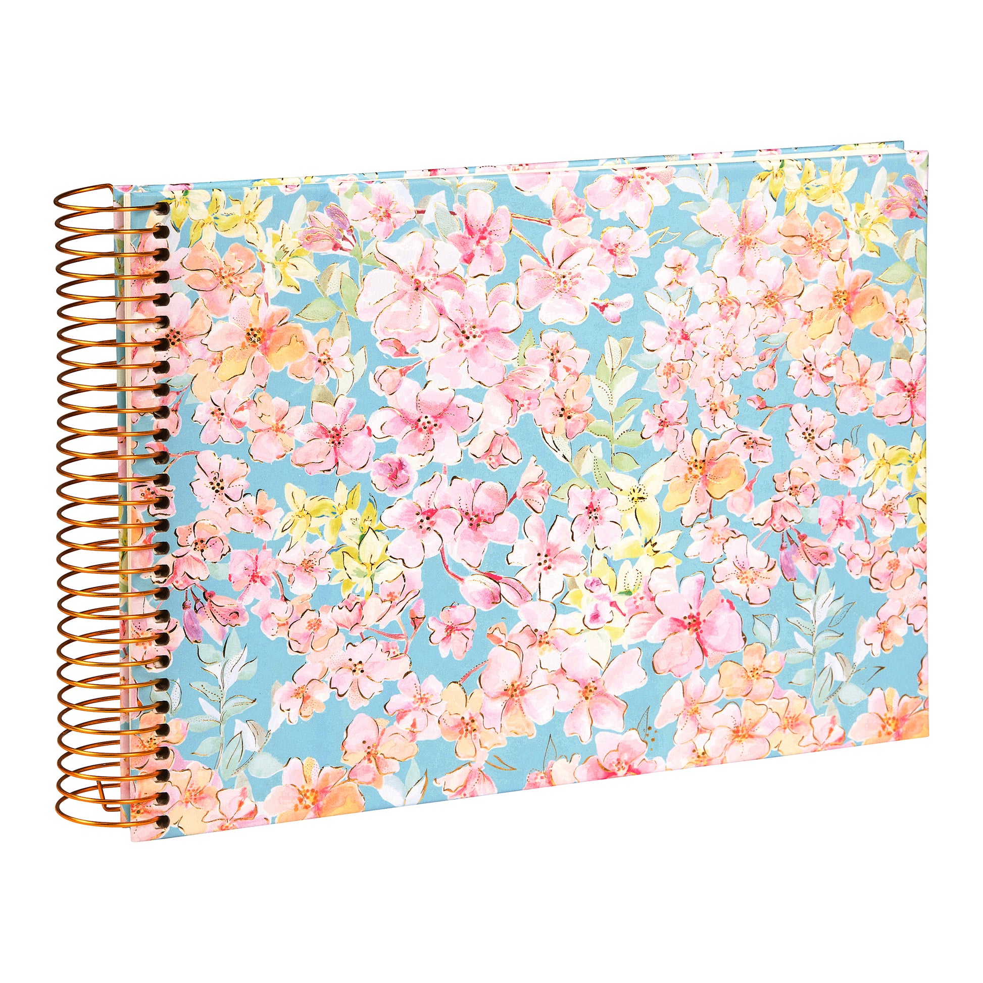 A spiral Goldbuch photo album, adorned with pink and blue flowers.
