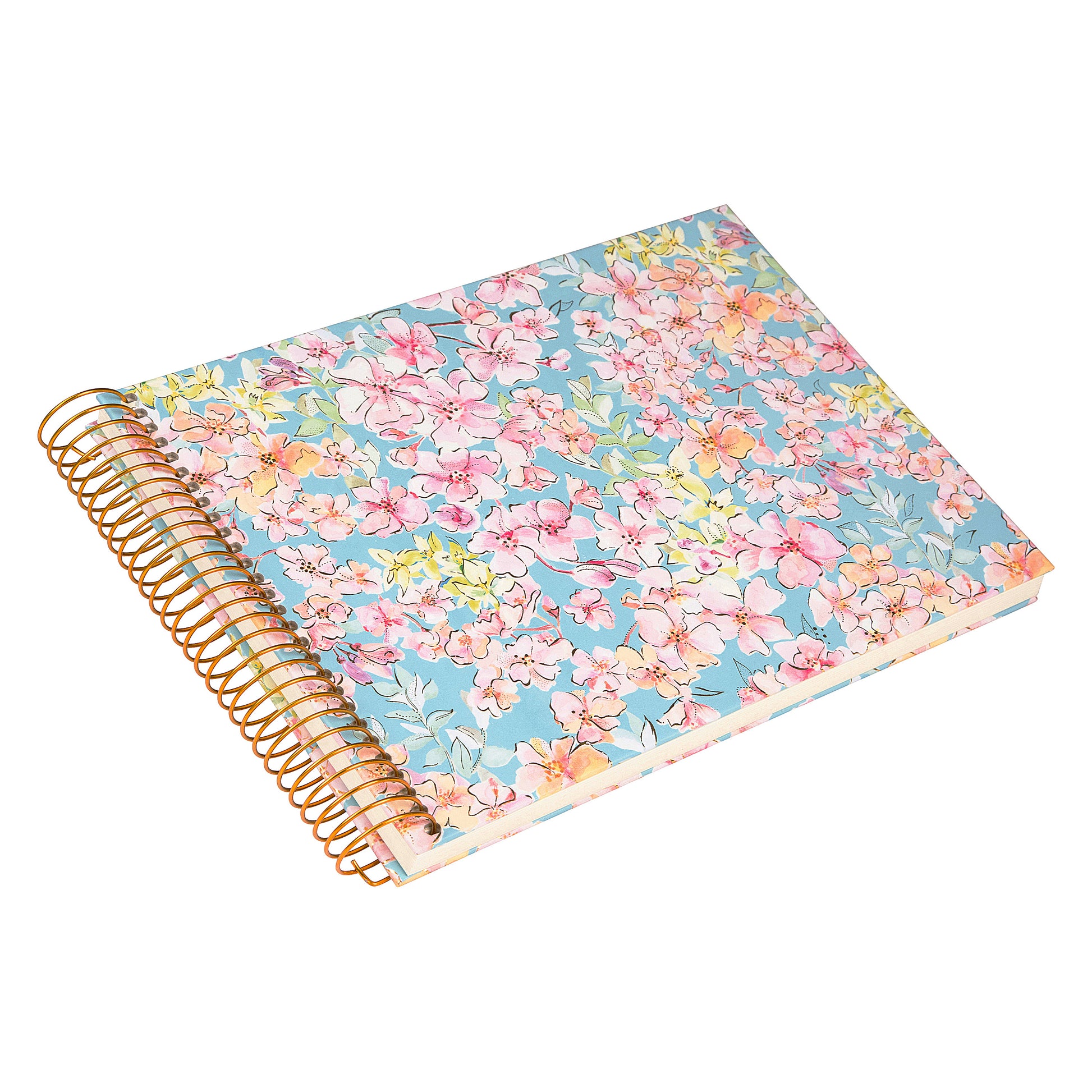 A spiral Goldbuch photo album, adorned with pink and blue flowers.
