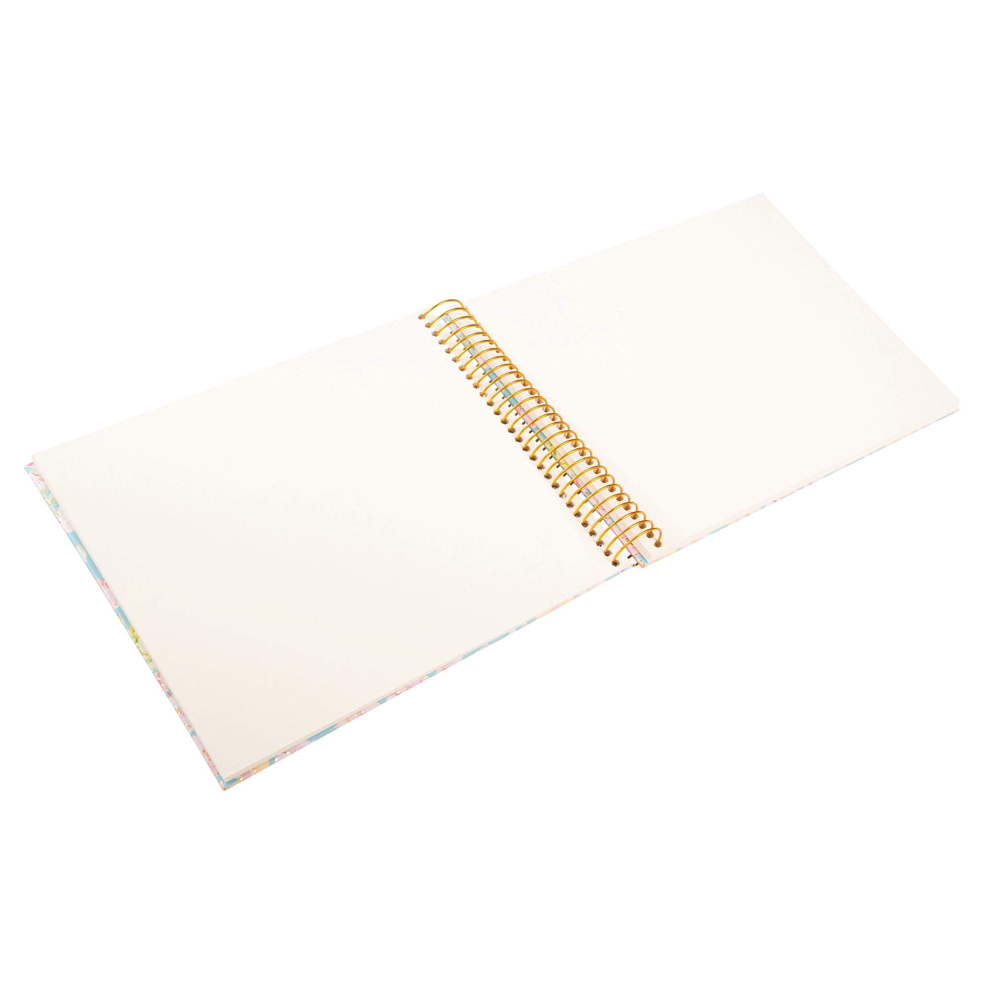A spiral Goldbuch photo album, adorned with pink and blue flowers.
White pages inside.