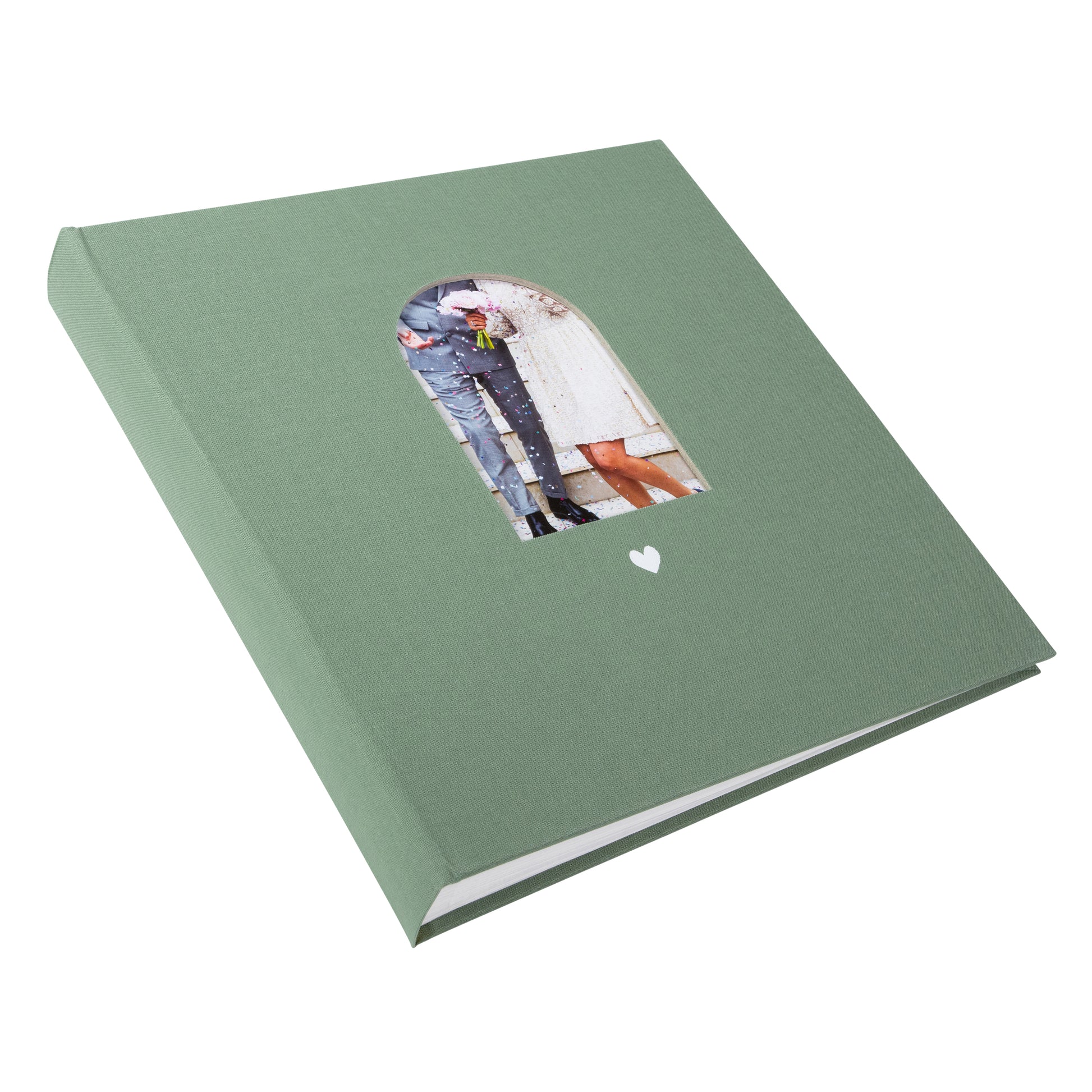 Goldbuch green photo album with a cutout featuring a couple and a heart symbol on a white background