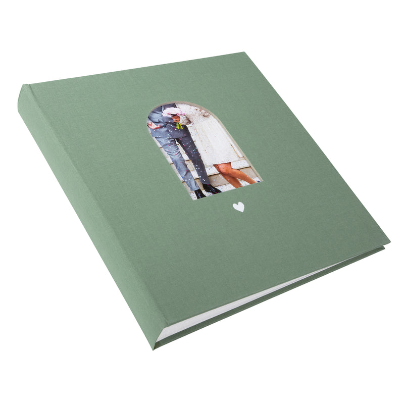 Goldbuch green photo album with a cutout featuring a couple and a heart symbol on a white background
