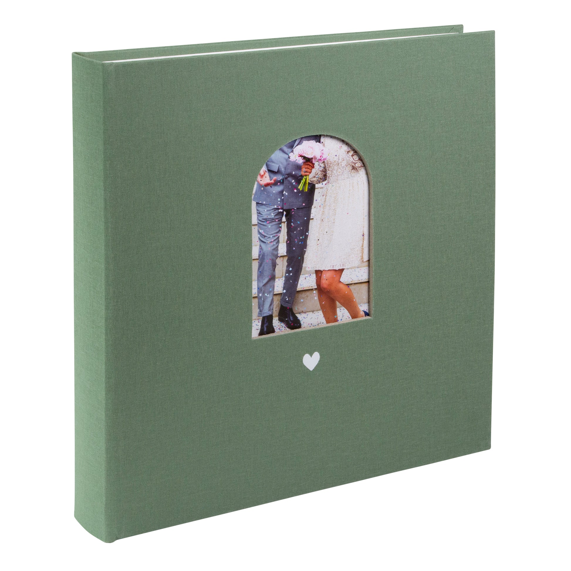 Goldbuch green photo album with a cutout featuring a couple and a heart symbol on a white background