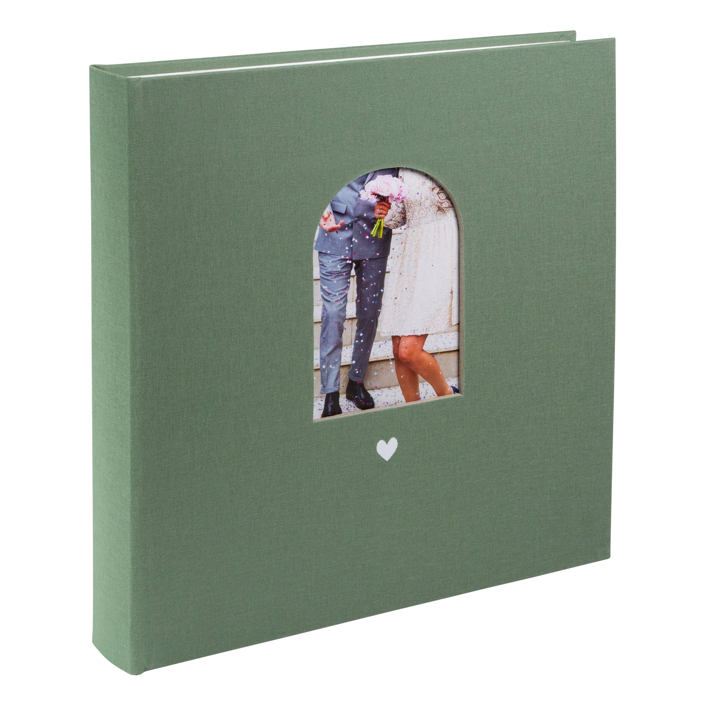 Goldbuch green photo album with a cutout featuring a couple and a heart symbol on a white background