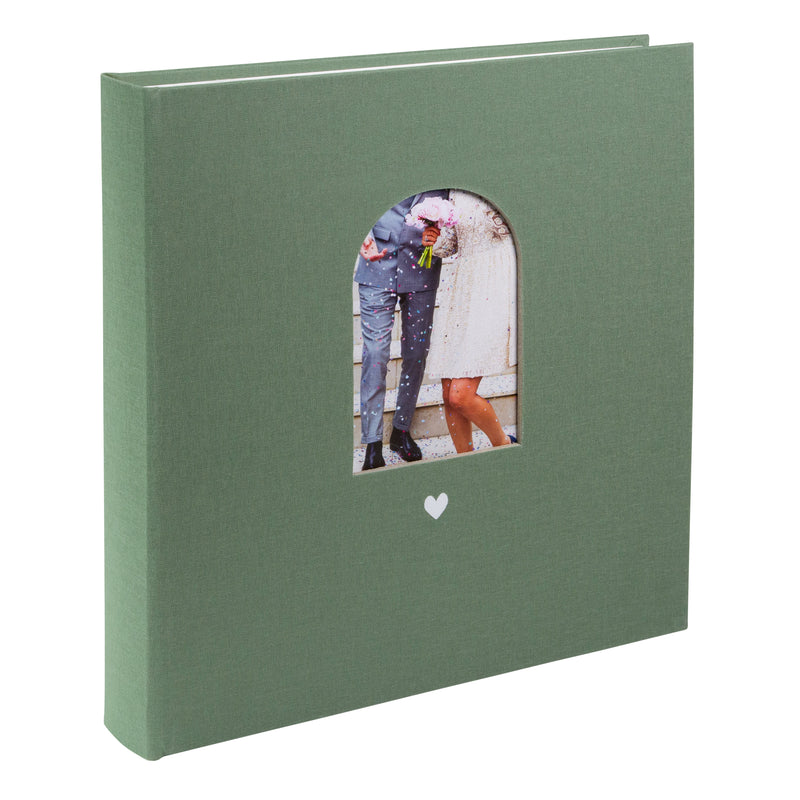 Goldbuch green photo album with a cutout featuring a couple and a heart symbol on a white background