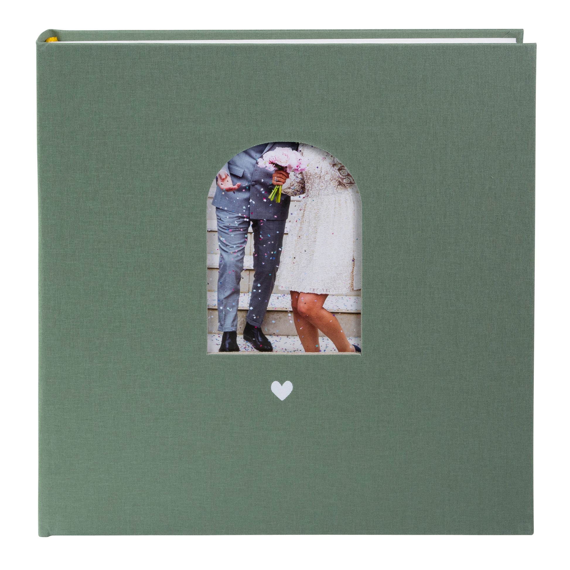 Goldbuch green photo album with a cutout featuring a couple and a heart symbol on a white background
