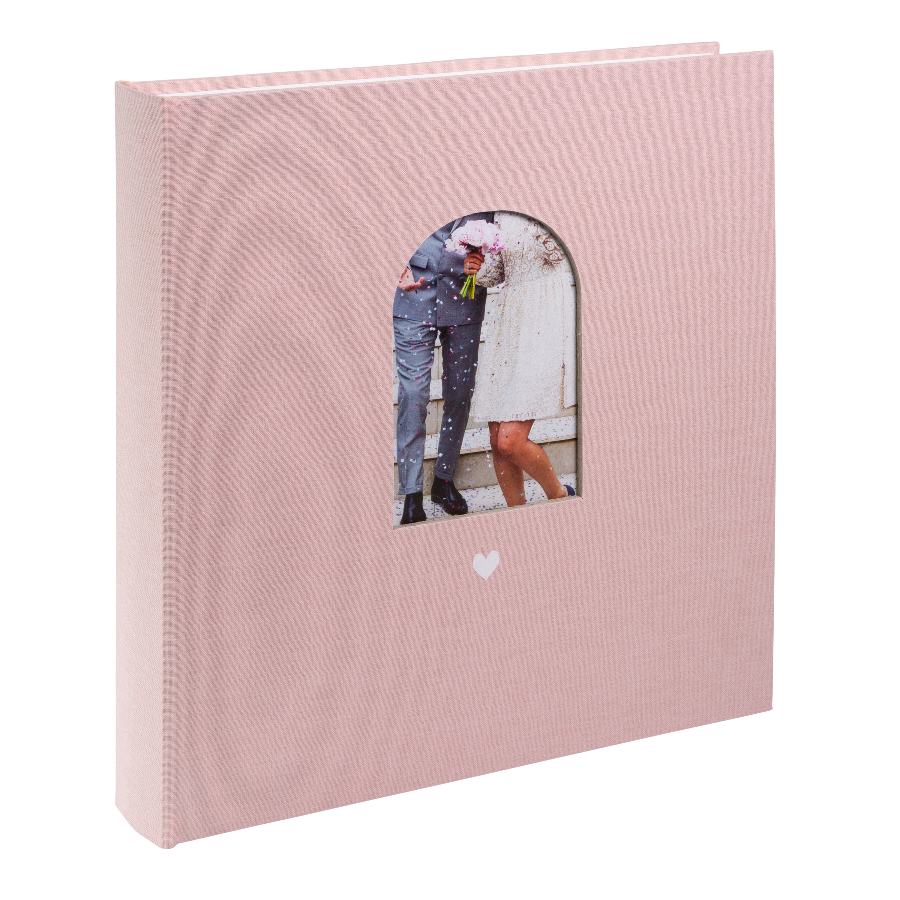Goldbuch Pink photo album with a cutout featuring a couple and a heart symbol on a white background