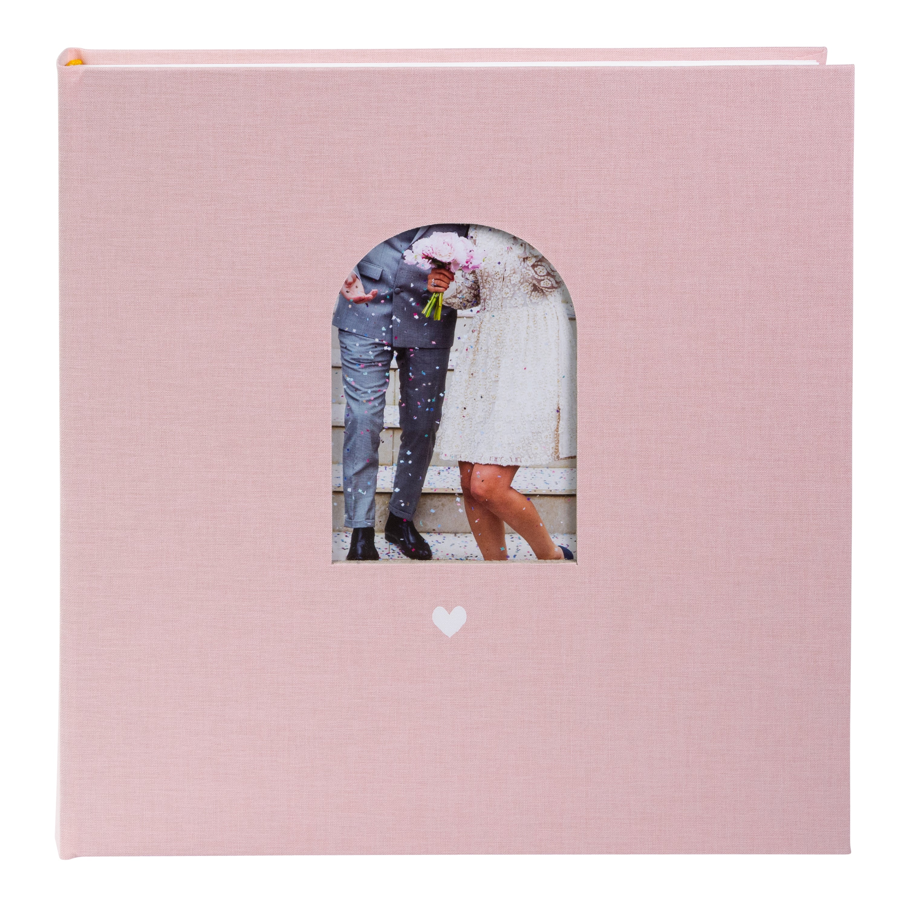 Goldbuch Pink photo album with a cutout featuring a couple and a heart symbol on a white background