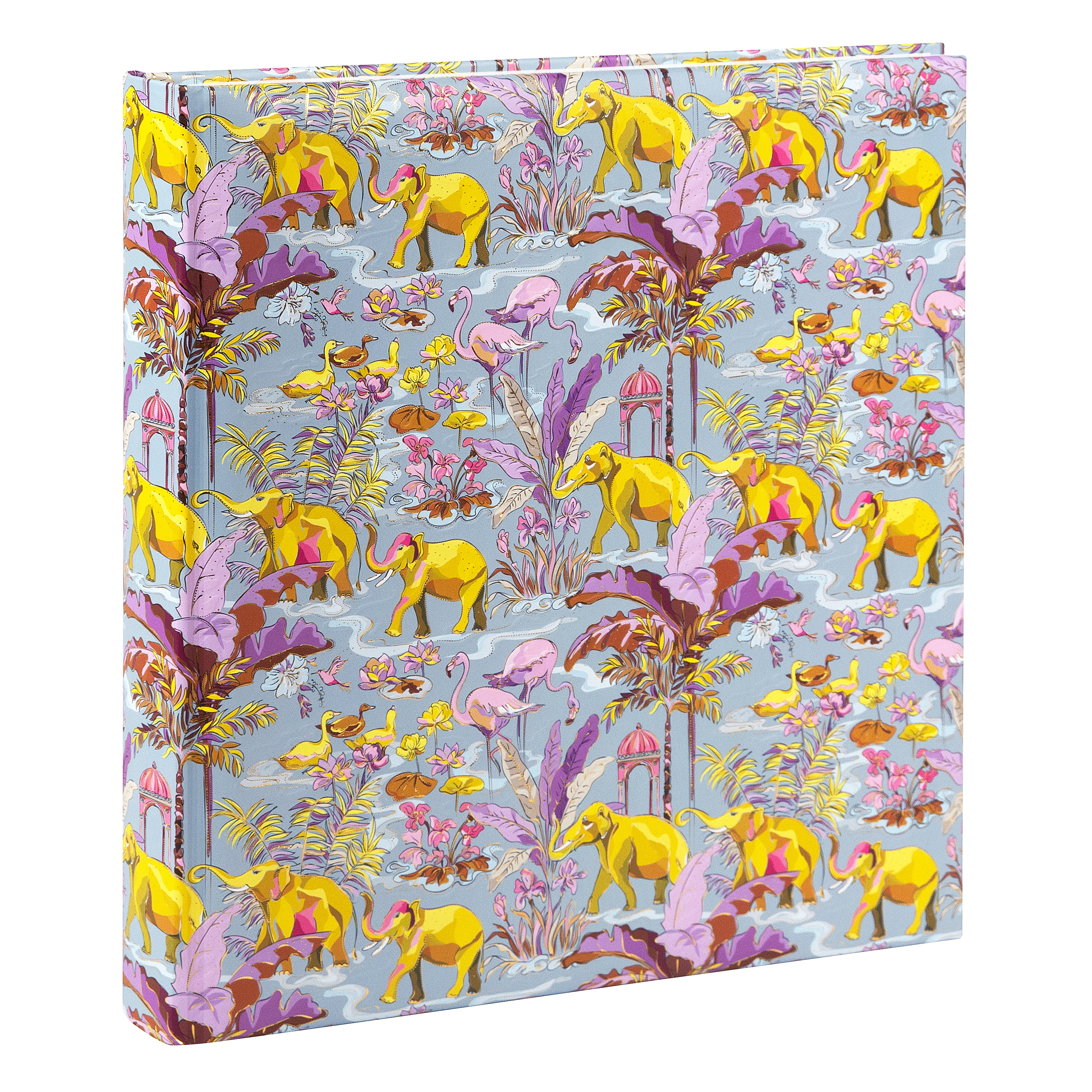 Goldbuch spiral photo album with tropical animal and plant motives on a light blue background.