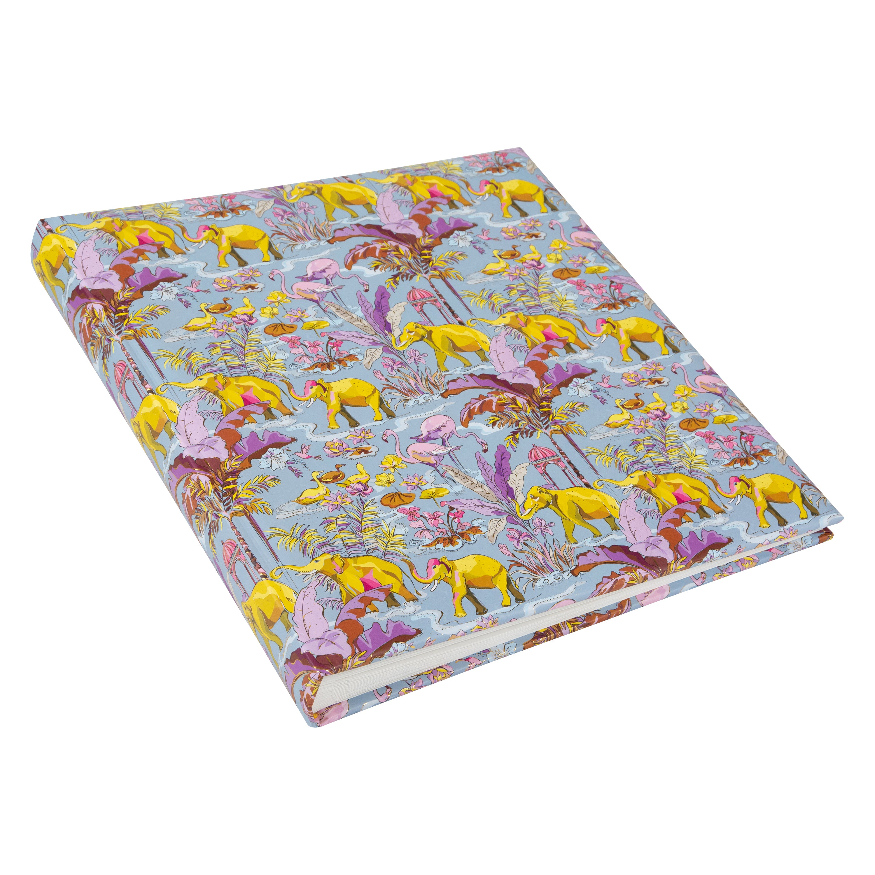Goldbuch spiral photo album with tropical animal and plant motives on a light blue background.