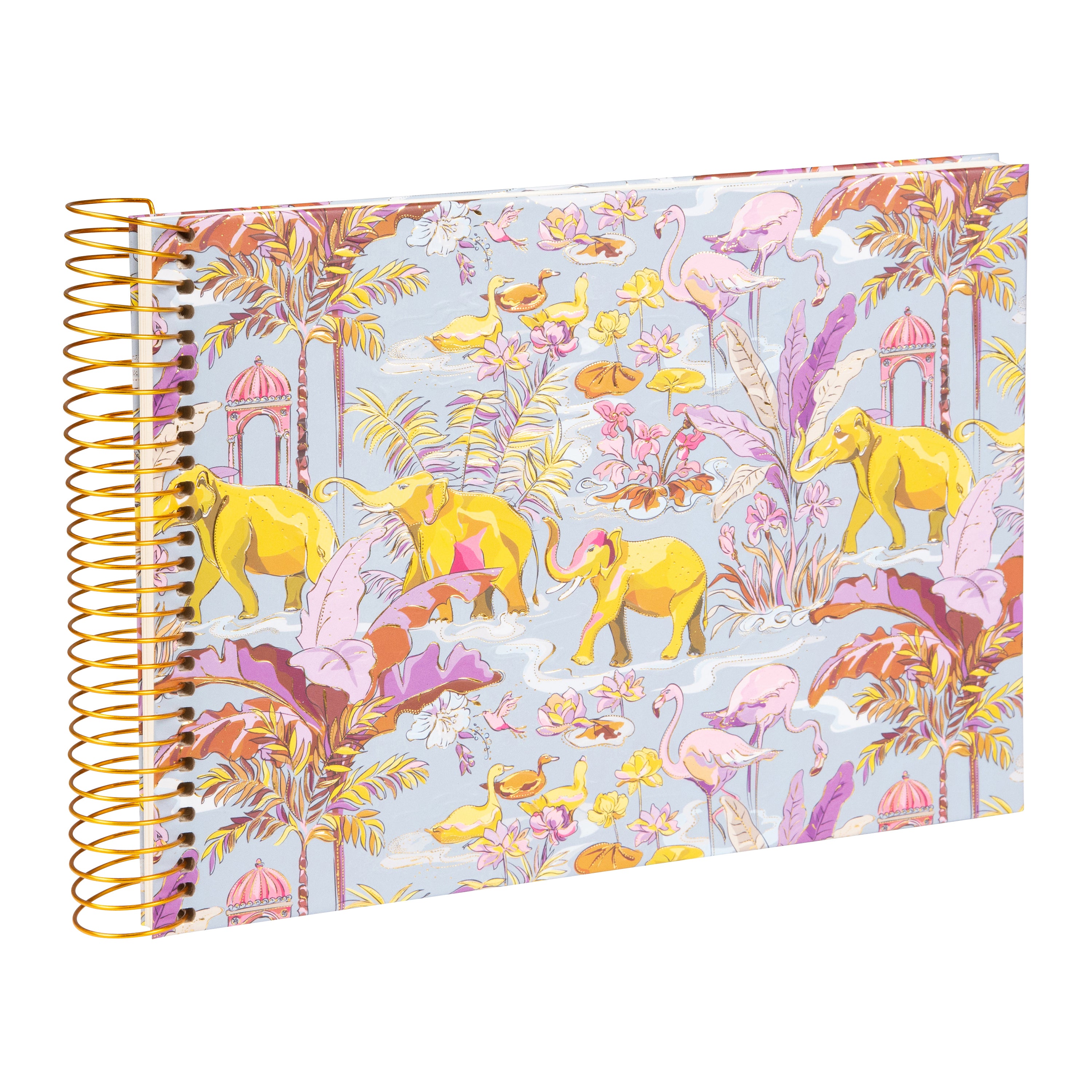 Goldbuch spiral photo album with tropical animal and plant motives on a white background.