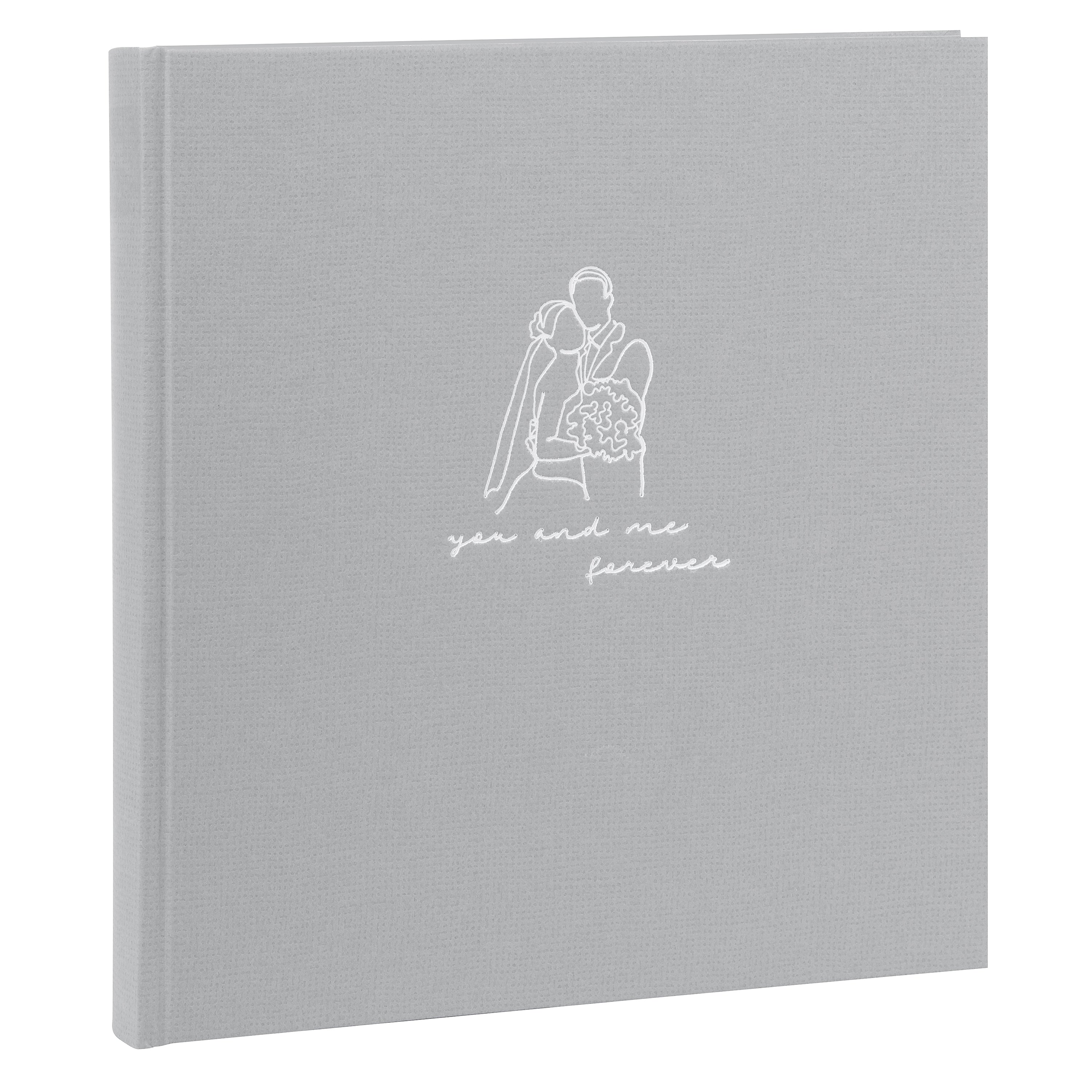 A grey Goldbuch photo album with an illustration of a man and a woman on its front cover.