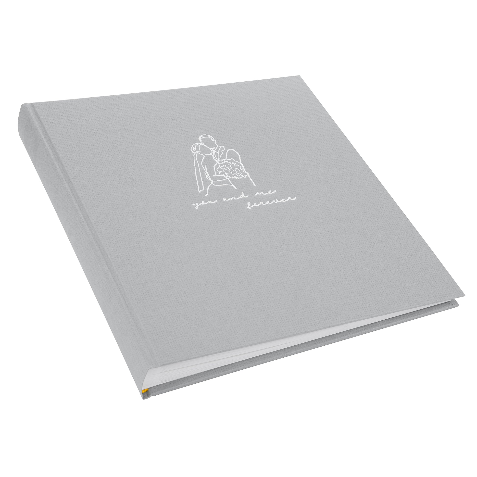 A grey Goldbuch photo album with an illustration of a man and a woman on its front cover.