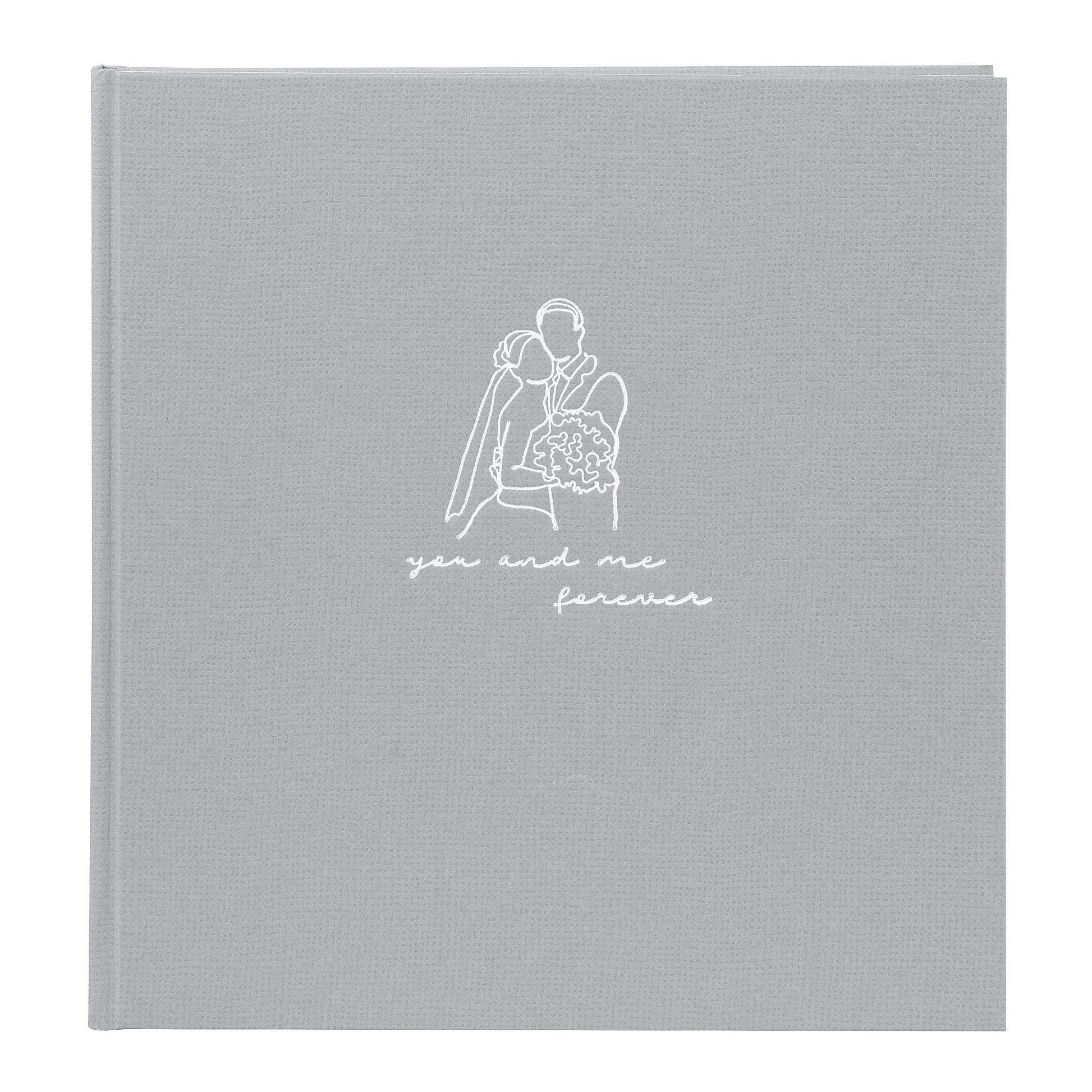 A grey Goldbuch photo album with an illustration of a man and a woman on its front cover.