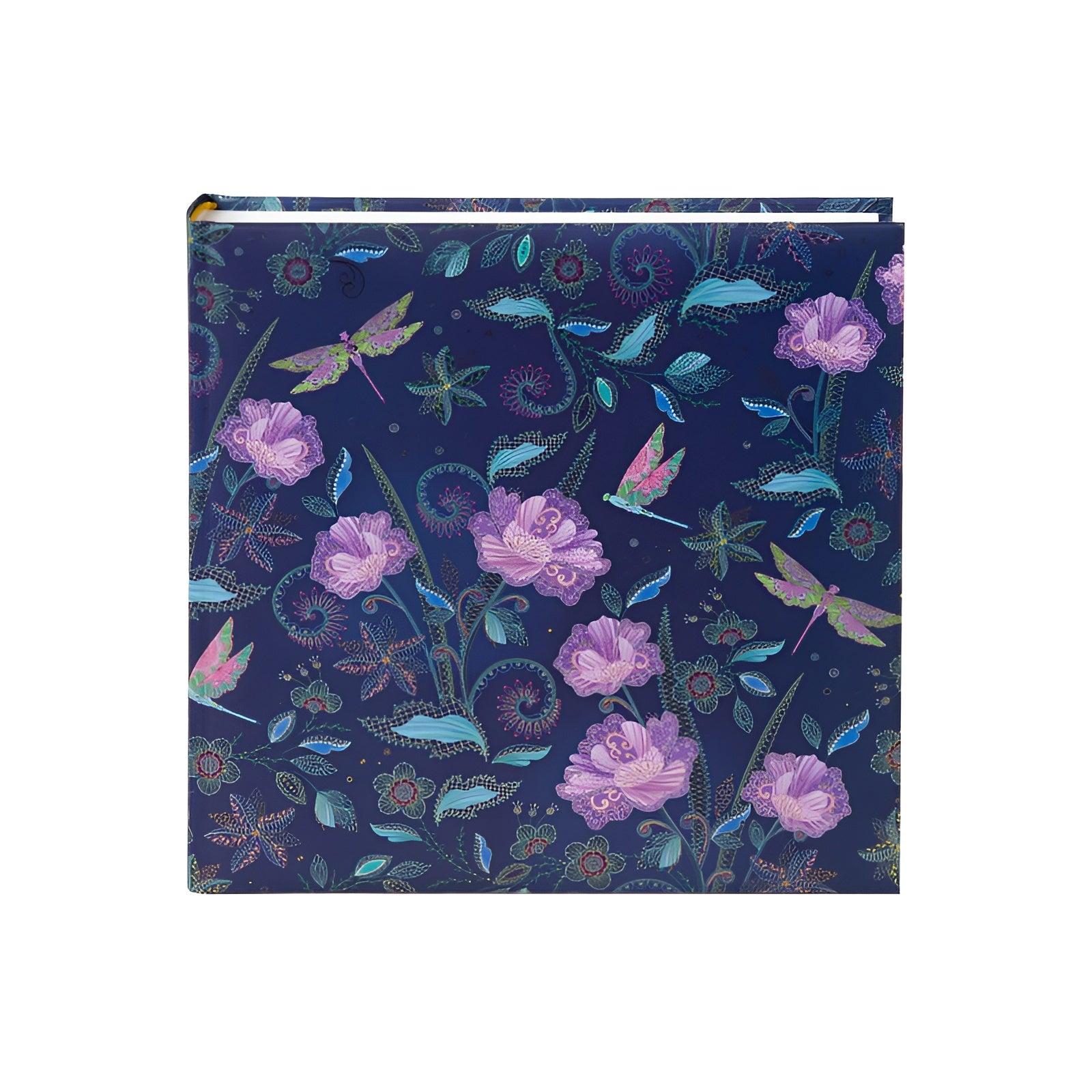 A vibrant blue Goldbuch photo album featuring pink flowers and butterflies, indicative of a decorative photo album.