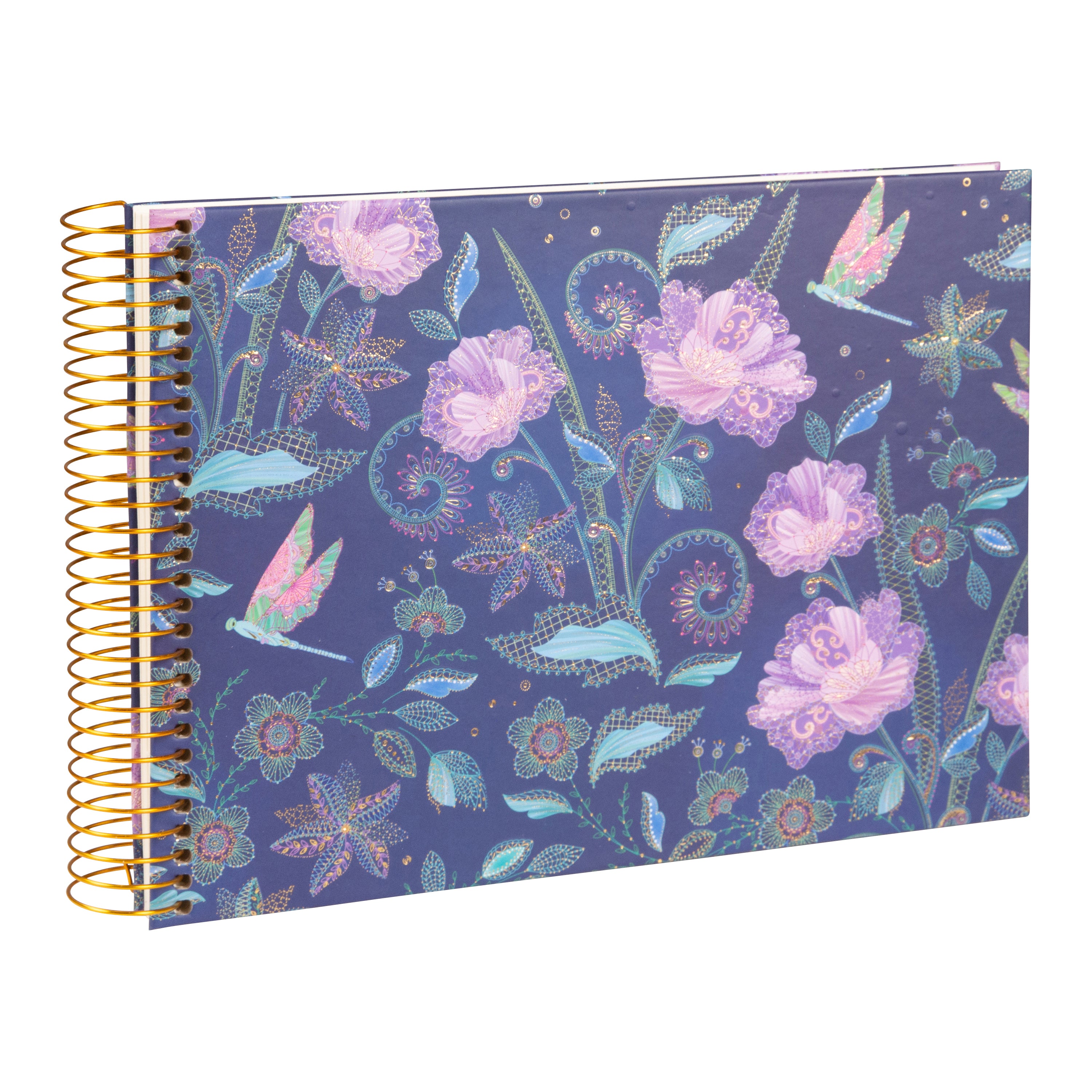 A Goldbuch spiral photo album adorned with purple flowers and butterflies.