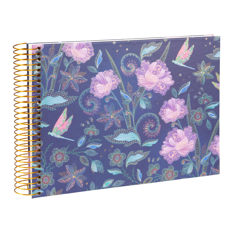 A Goldbuch spiral photo album adorned with purple flowers and butterflies.