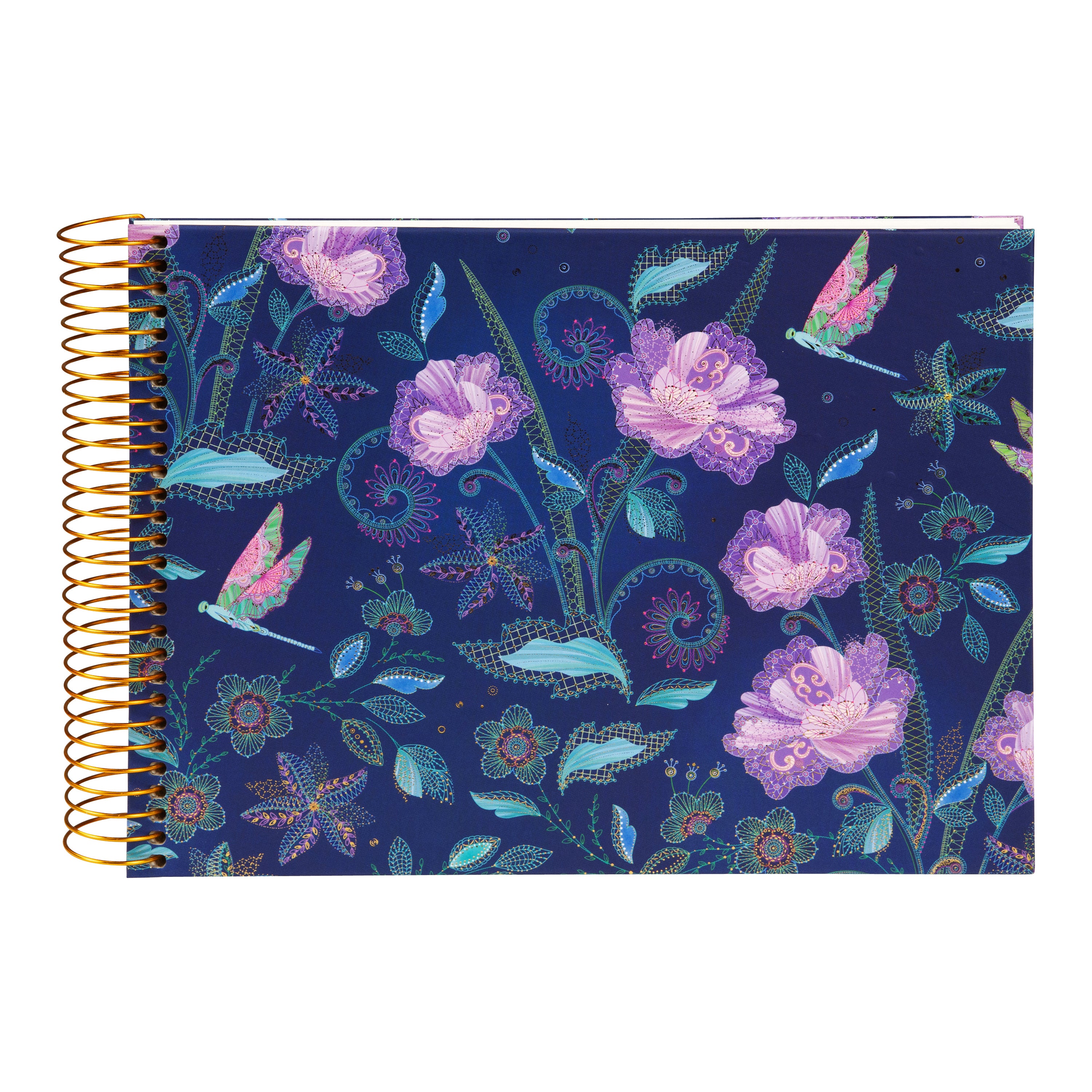 A Goldbuch spiral photo album adorned with purple flowers and butterflies.