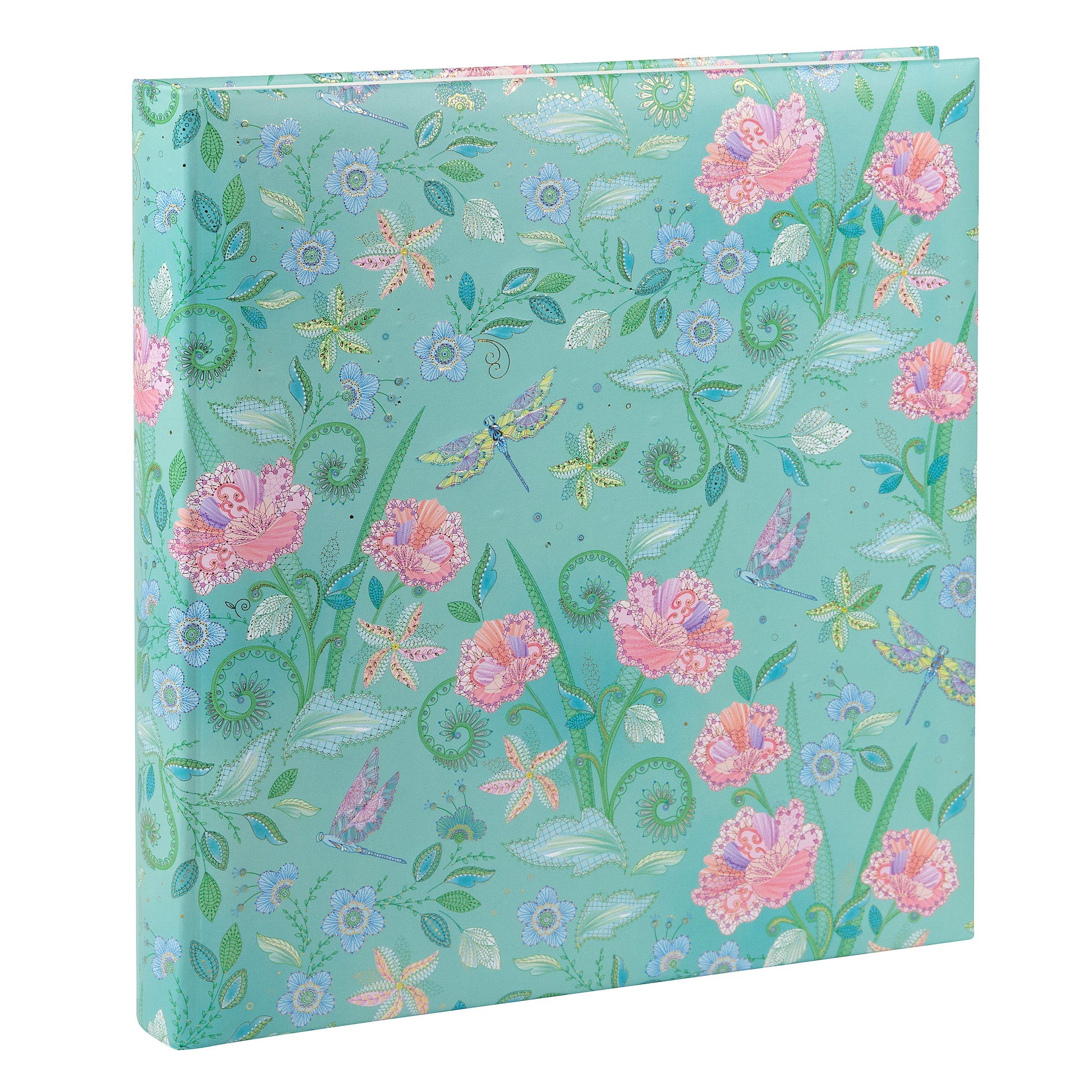 A vibrant green Goldbuch photo album featuring pink flowers and butterflies, indicative of a decorative photo album.