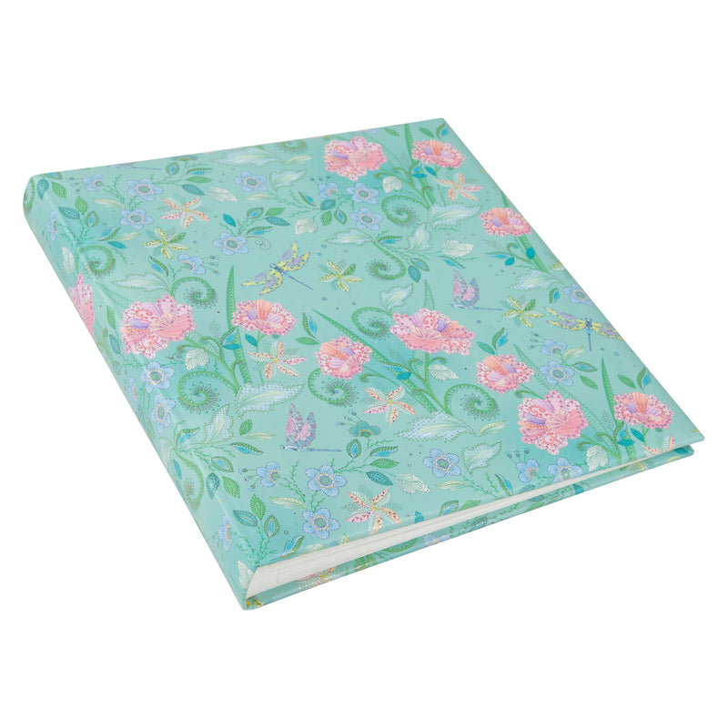 A vibrant green Goldbuch photo album featuring pink flowers and butterflies, indicative of a decorative photo album.
