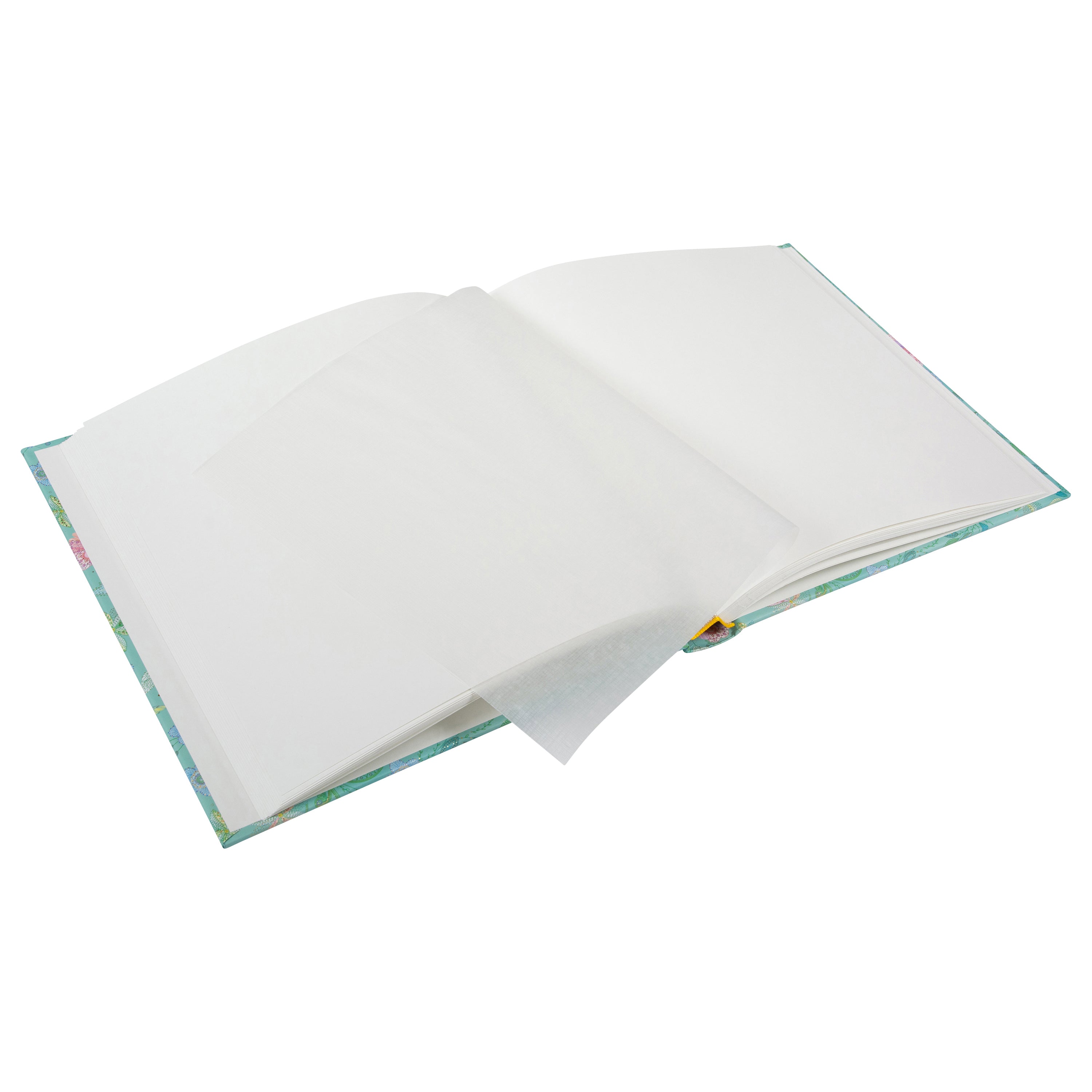 A vibrant green Goldbuch photo album featuring pink flowers and butterflies, indicative of a decorative photo album. White pages.