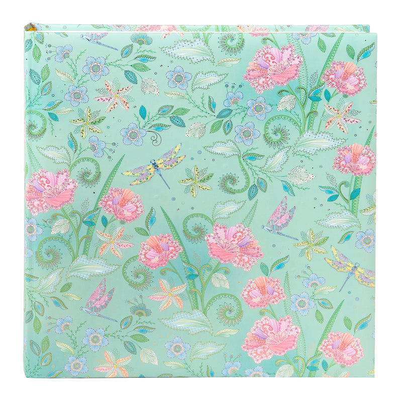 A vibrant green Goldbuch photo album featuring pink flowers and butterflies, indicative of a decorative photo album.