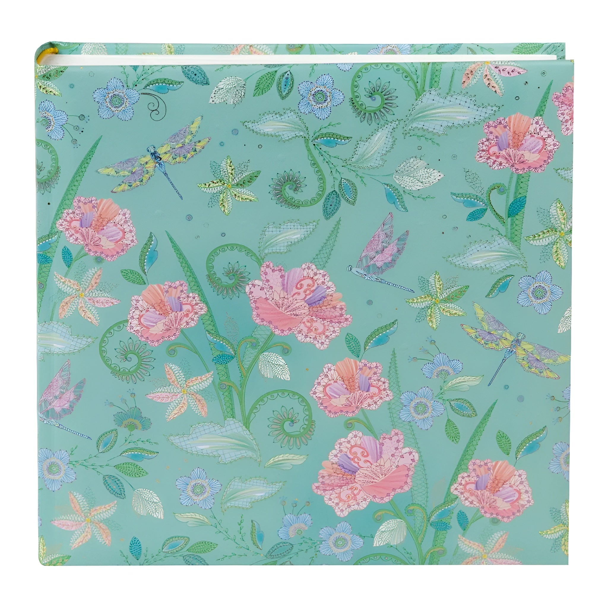 A vibrant green Goldbuch photo album featuring pink flowers and butterflies, indicative of a decorative photo album.